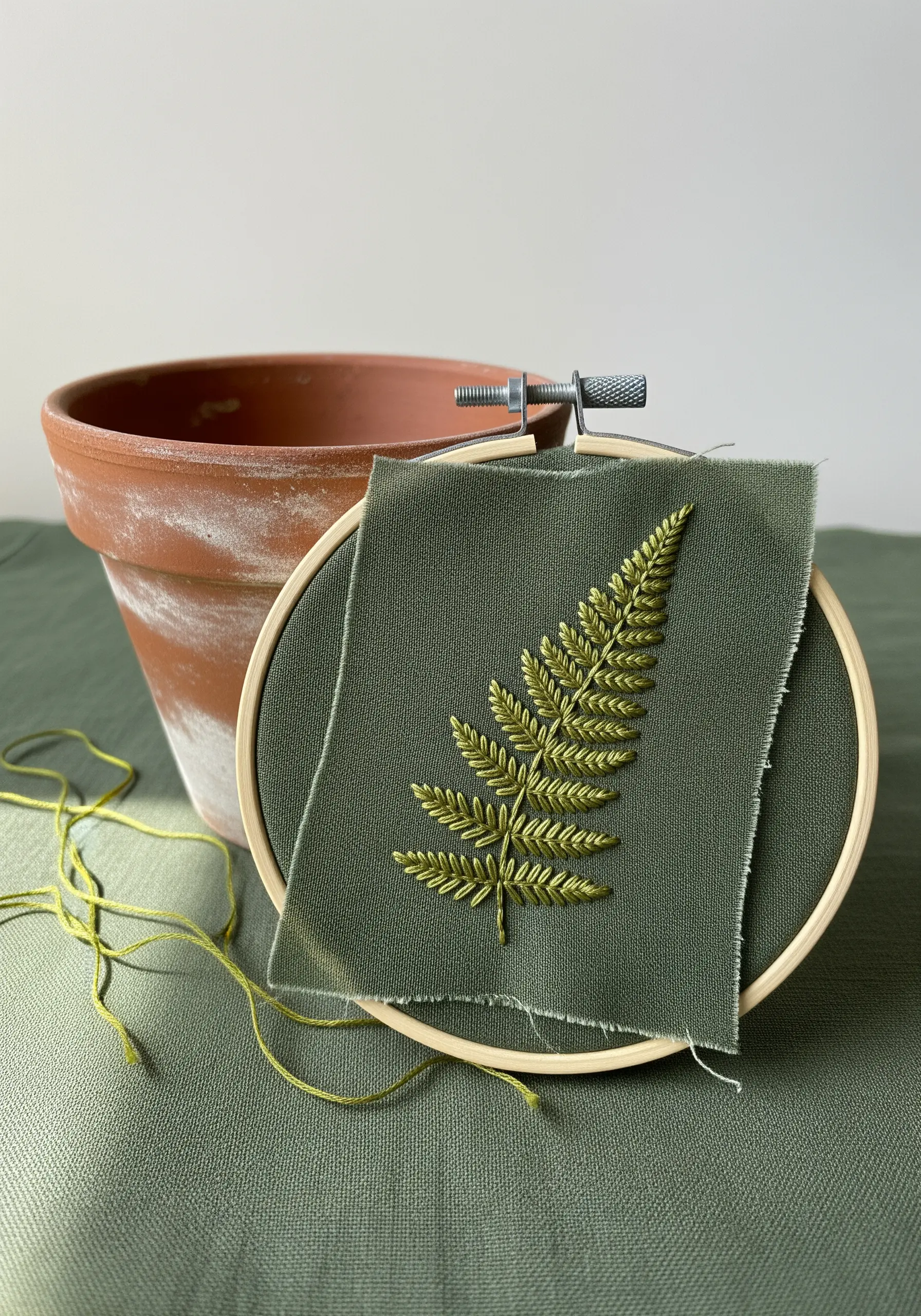 A delicate fern leaf embroidered on a scrap of green fabric.