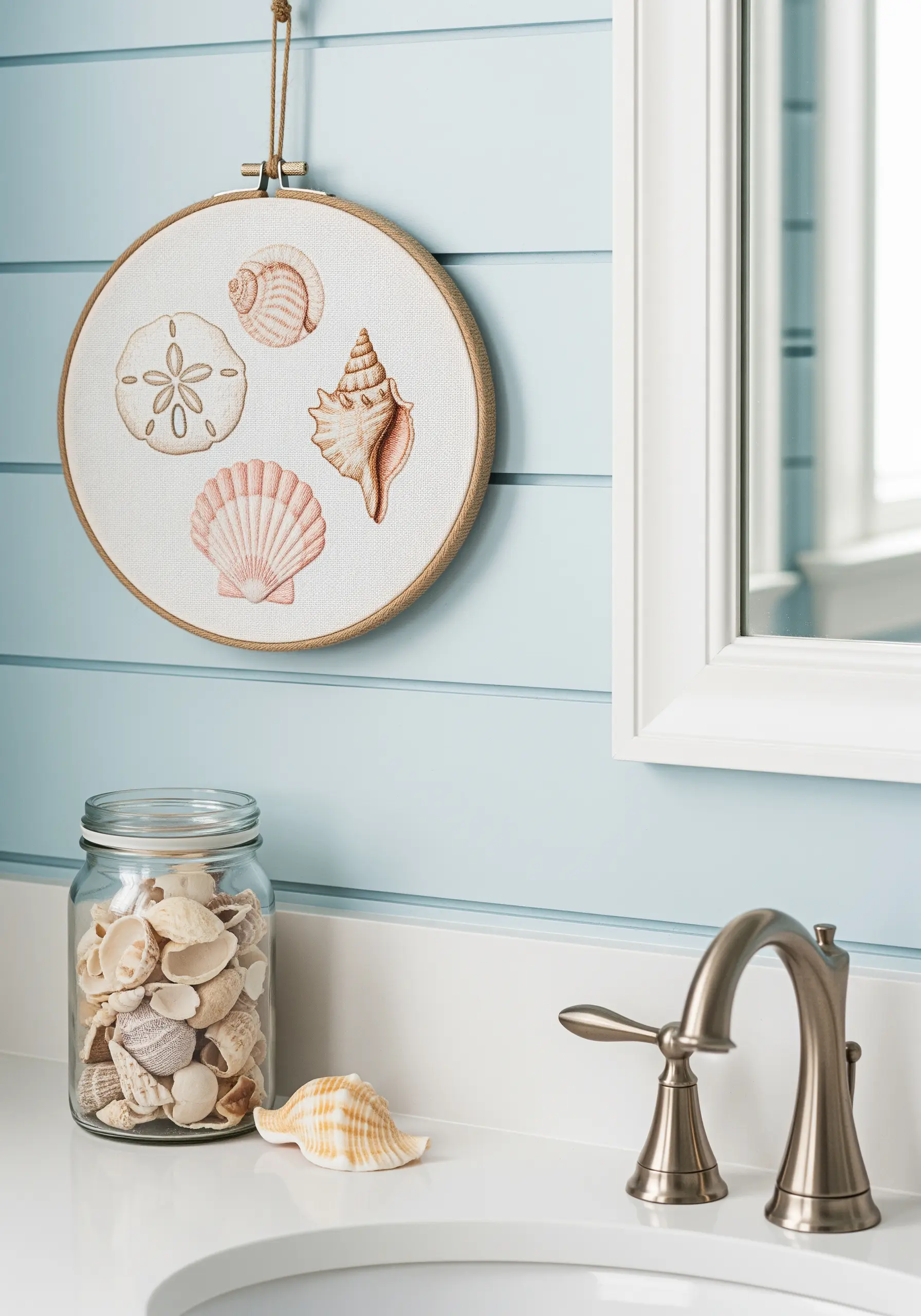 Four delicately shaded seashells embroidered with single-strand floss.