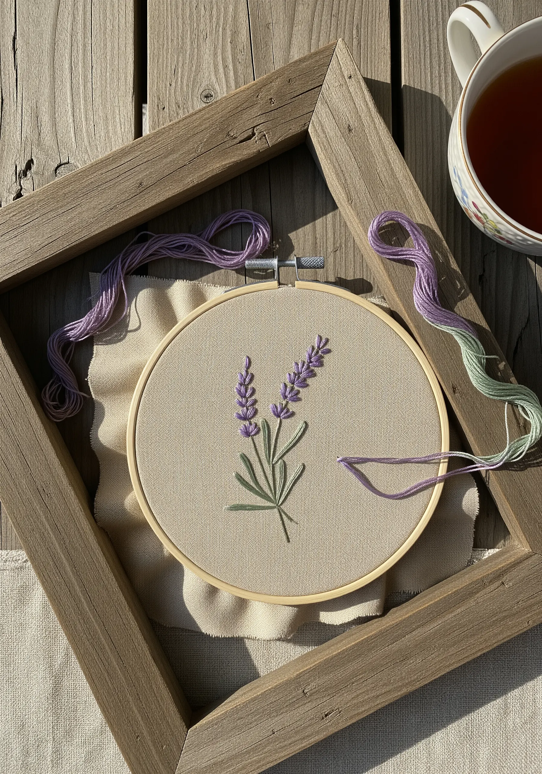 Delicate lavender sprigs embroidered with French knots and straight stitches.