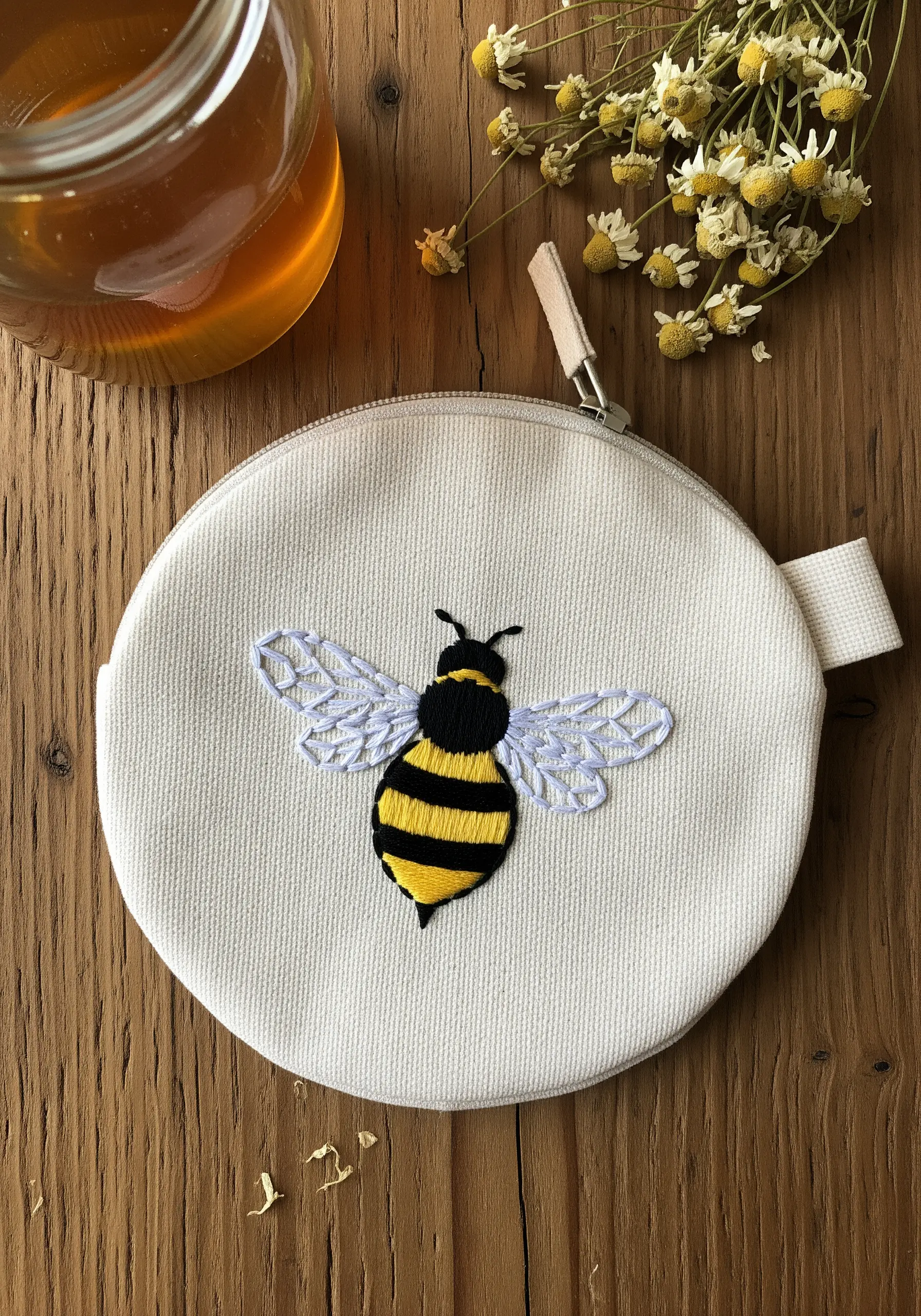 A small bee with black and yellow stripes embroidered on a round canvas pouch.