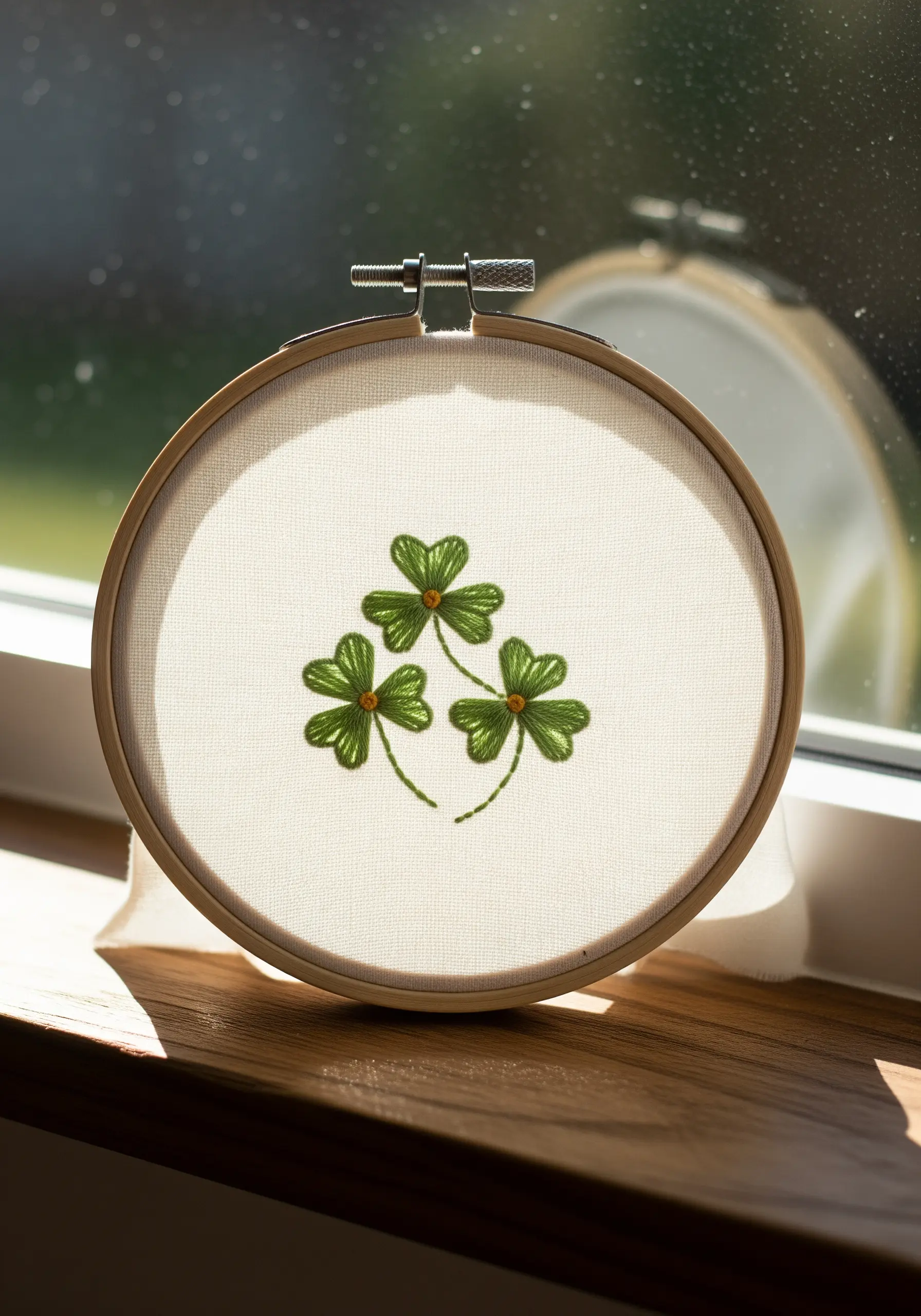 Three embroidered three-leaf clovers with expertly blended green threads to create dimension.