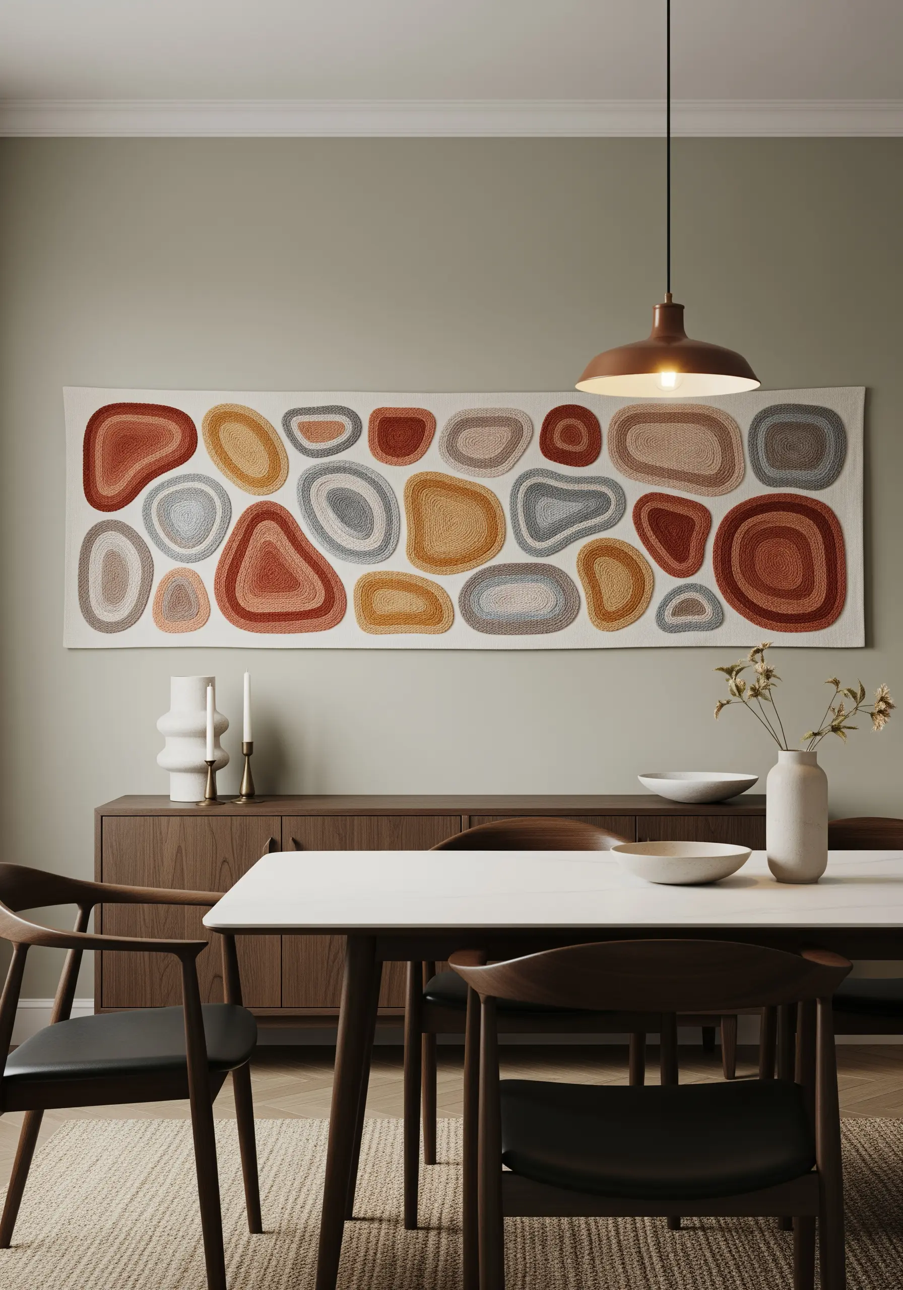 A wide textile panel with embroidered abstract pebble shapes in warm earth tones.