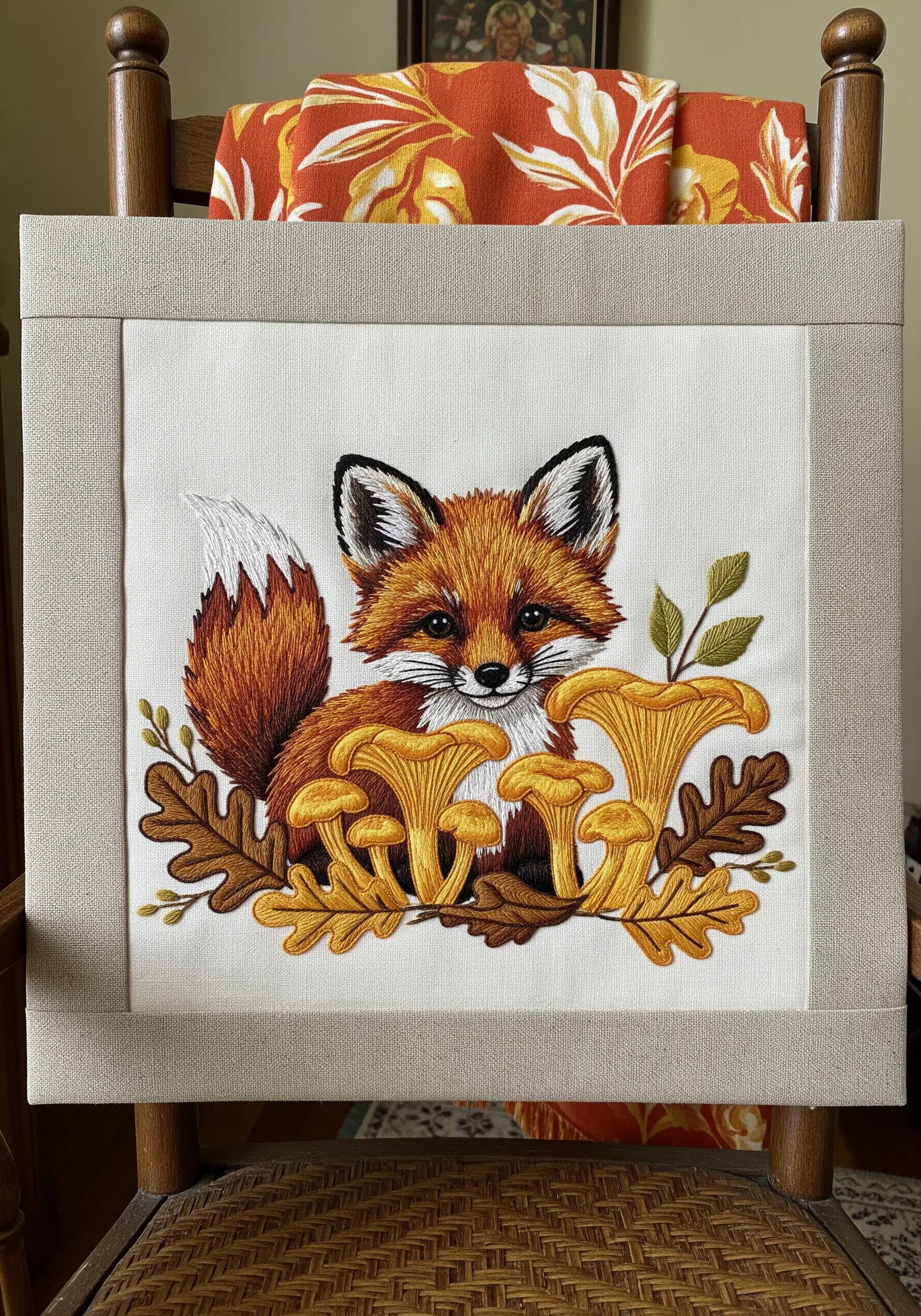 Embroidered fox with layered mushrooms and oak leaves creating depth.