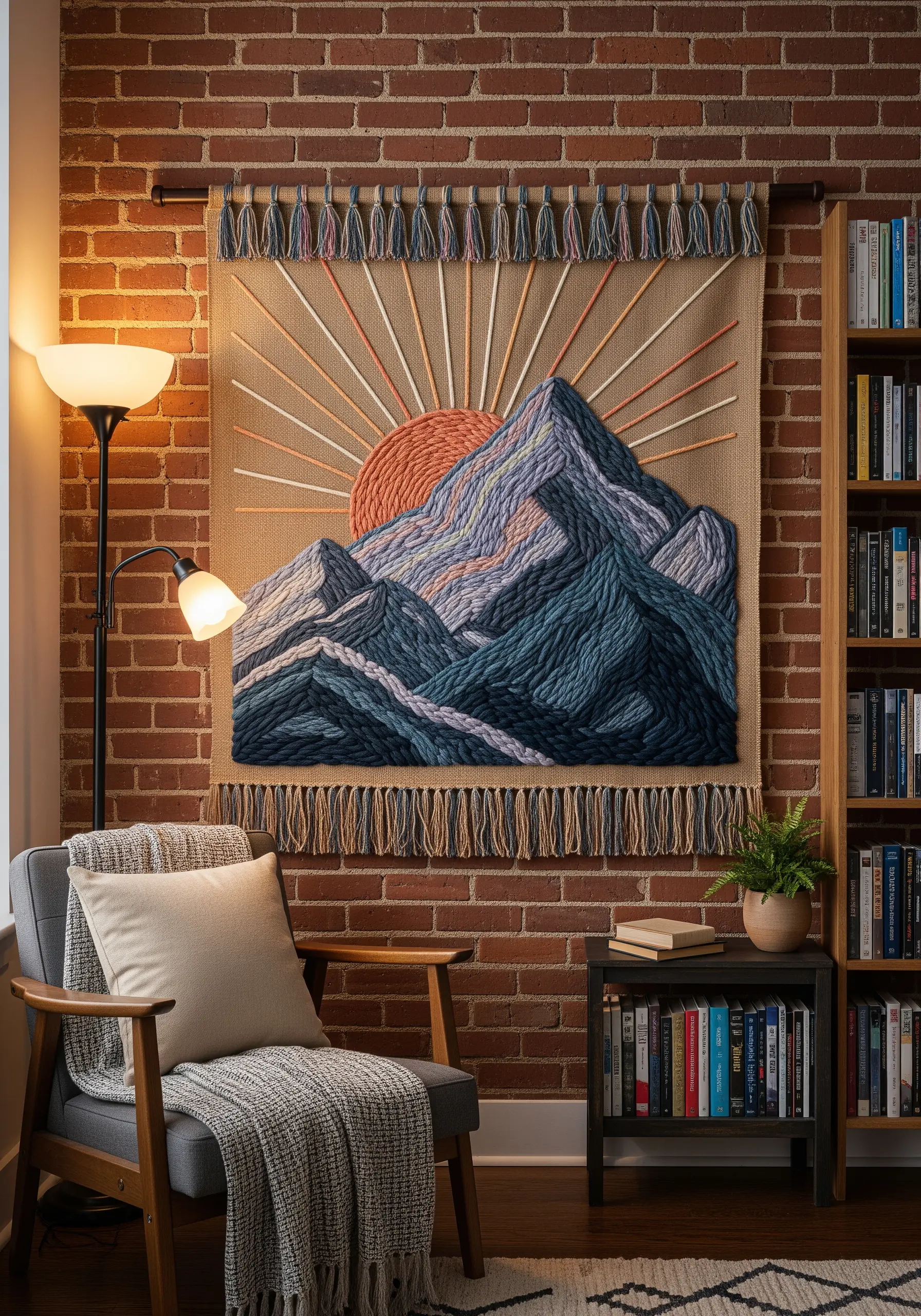 Embroidered mountain landscape tapestry with a setting sun, hanging on a brick wall.