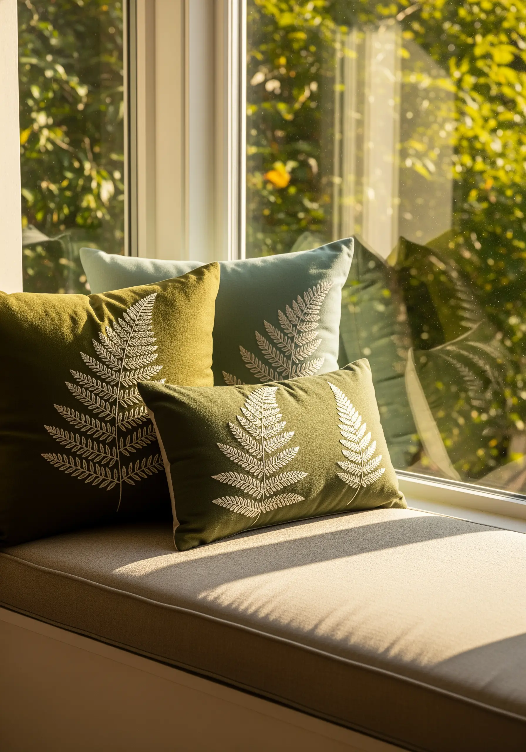 Fern leaves embroidered in light green thread on dark olive green pillows.