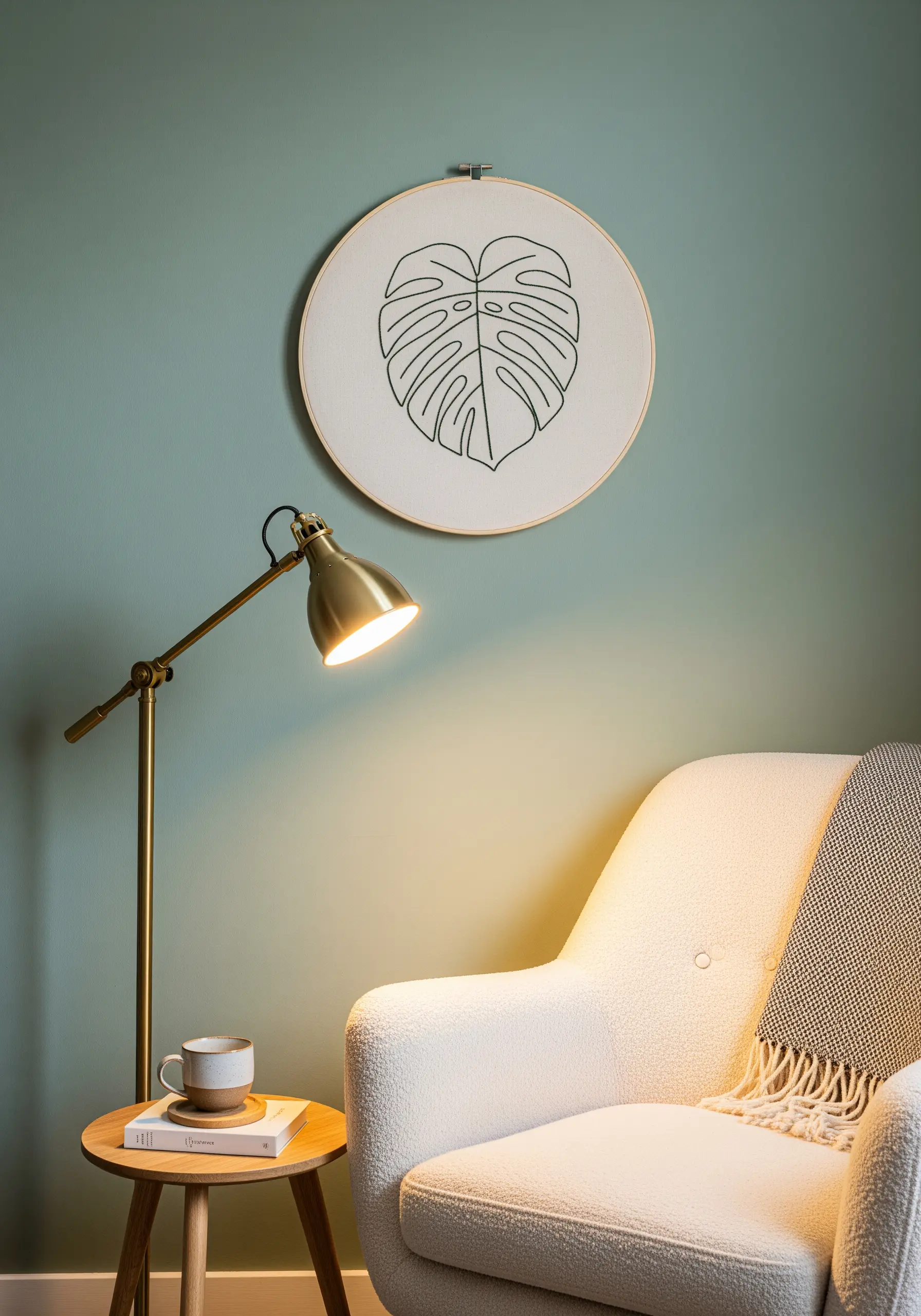 Single-line monstera leaf embroidery in a hoop hanging in a modern reading nook.