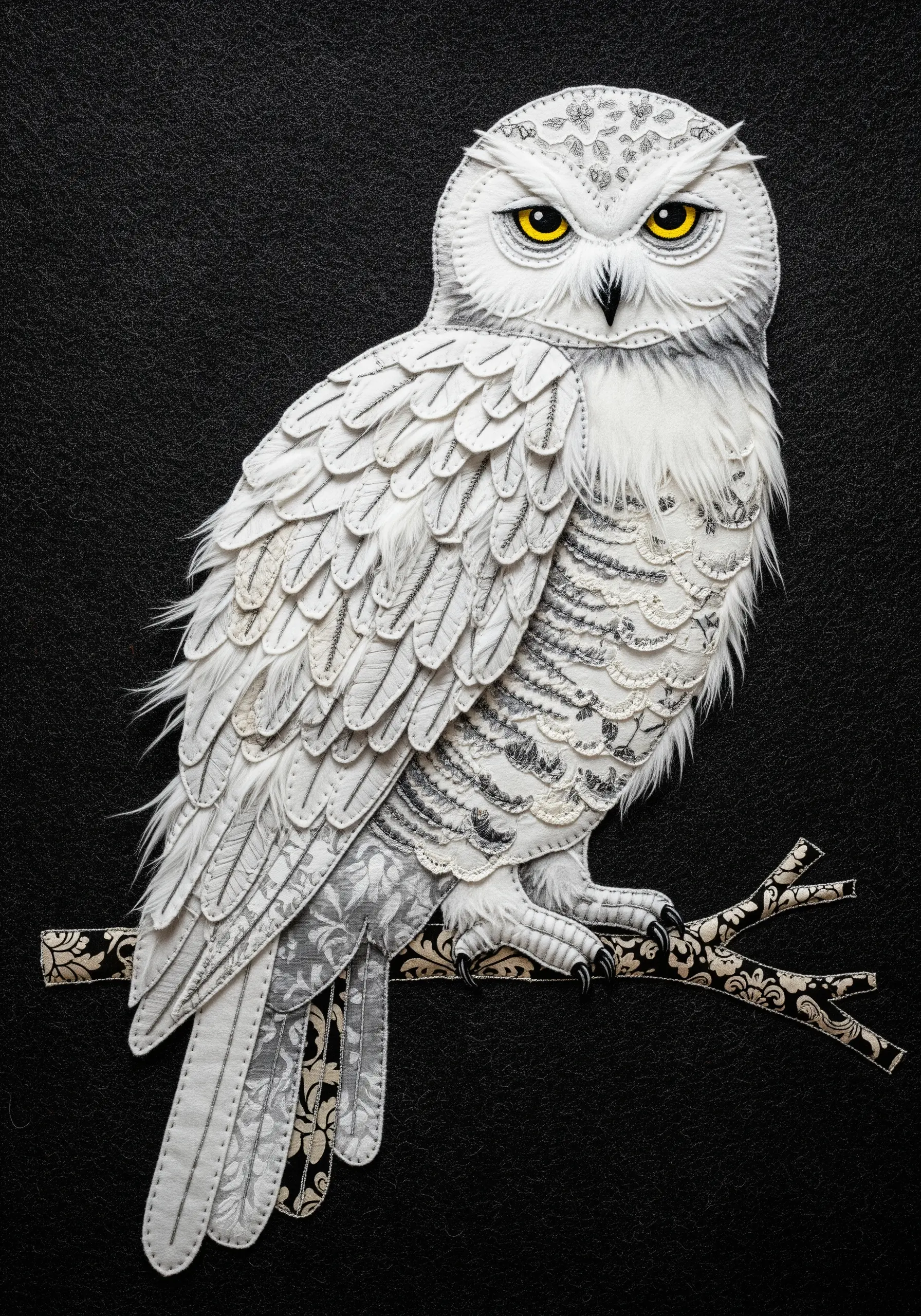 A snowy owl made from a collage of different textured white fabrics like lace and linen.