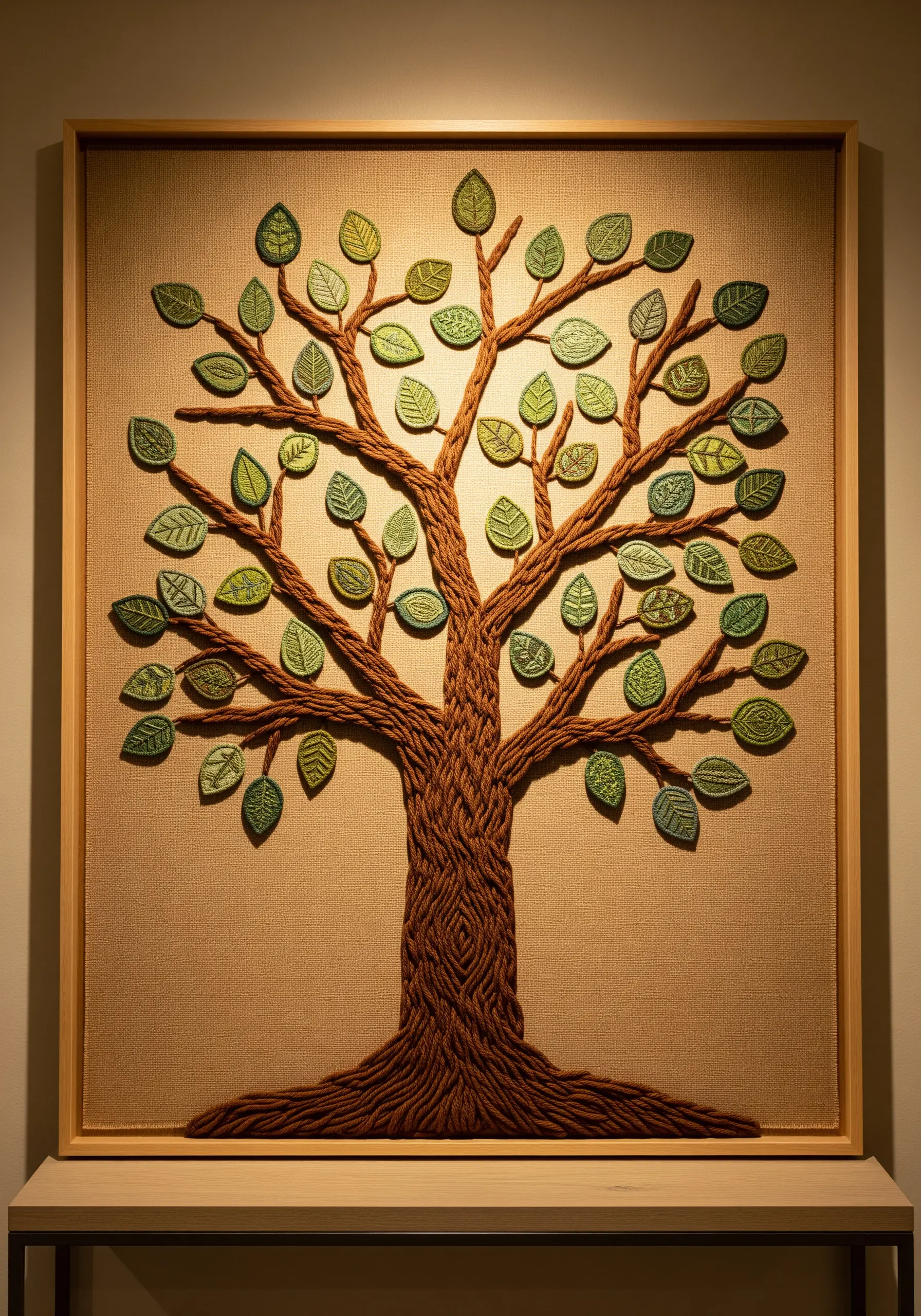 A framed textile art piece of a tree with a wrapped trunk and padded, 3D leaves.