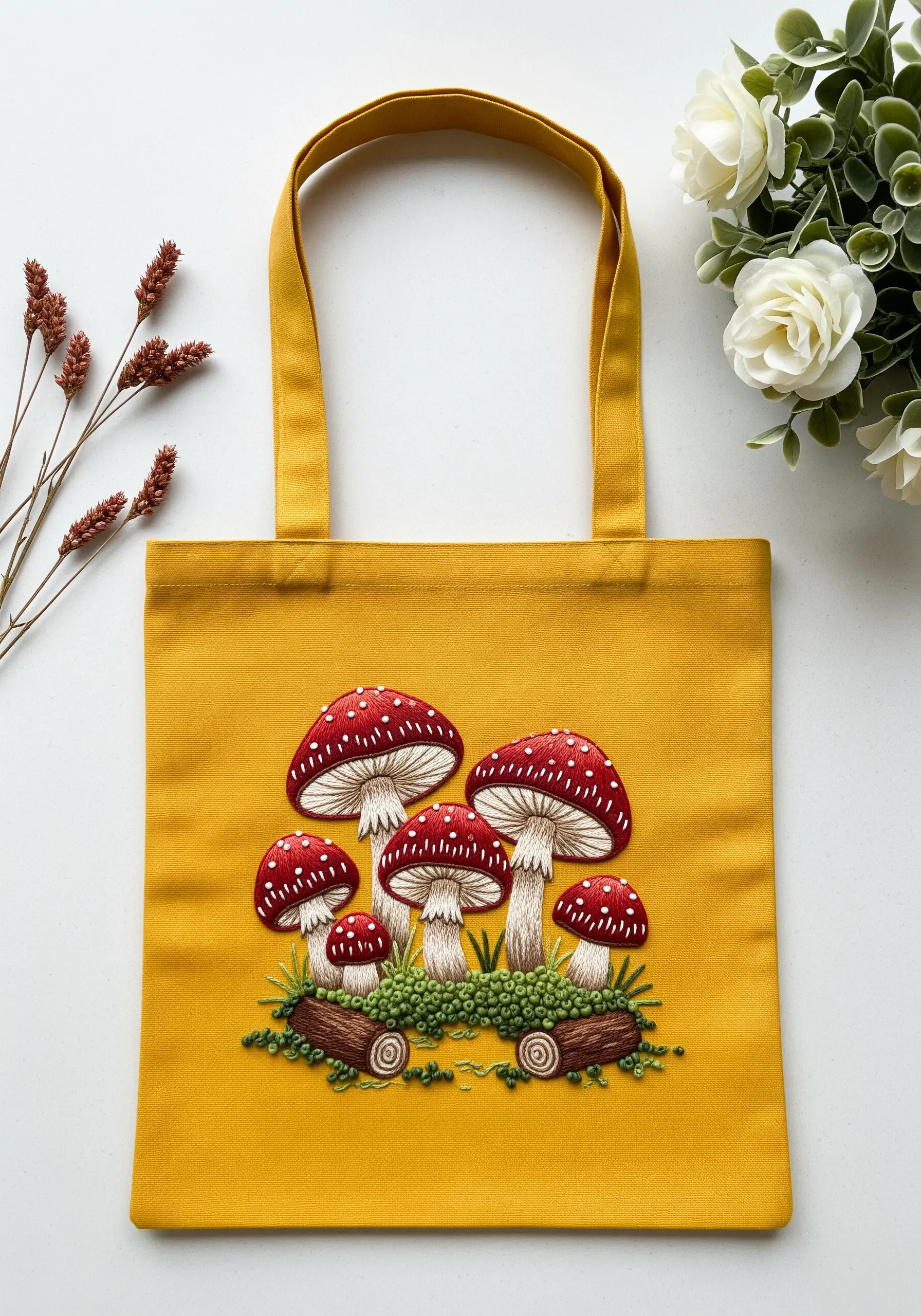 A group of red and white mushrooms with raised, padded satin stitch caps.