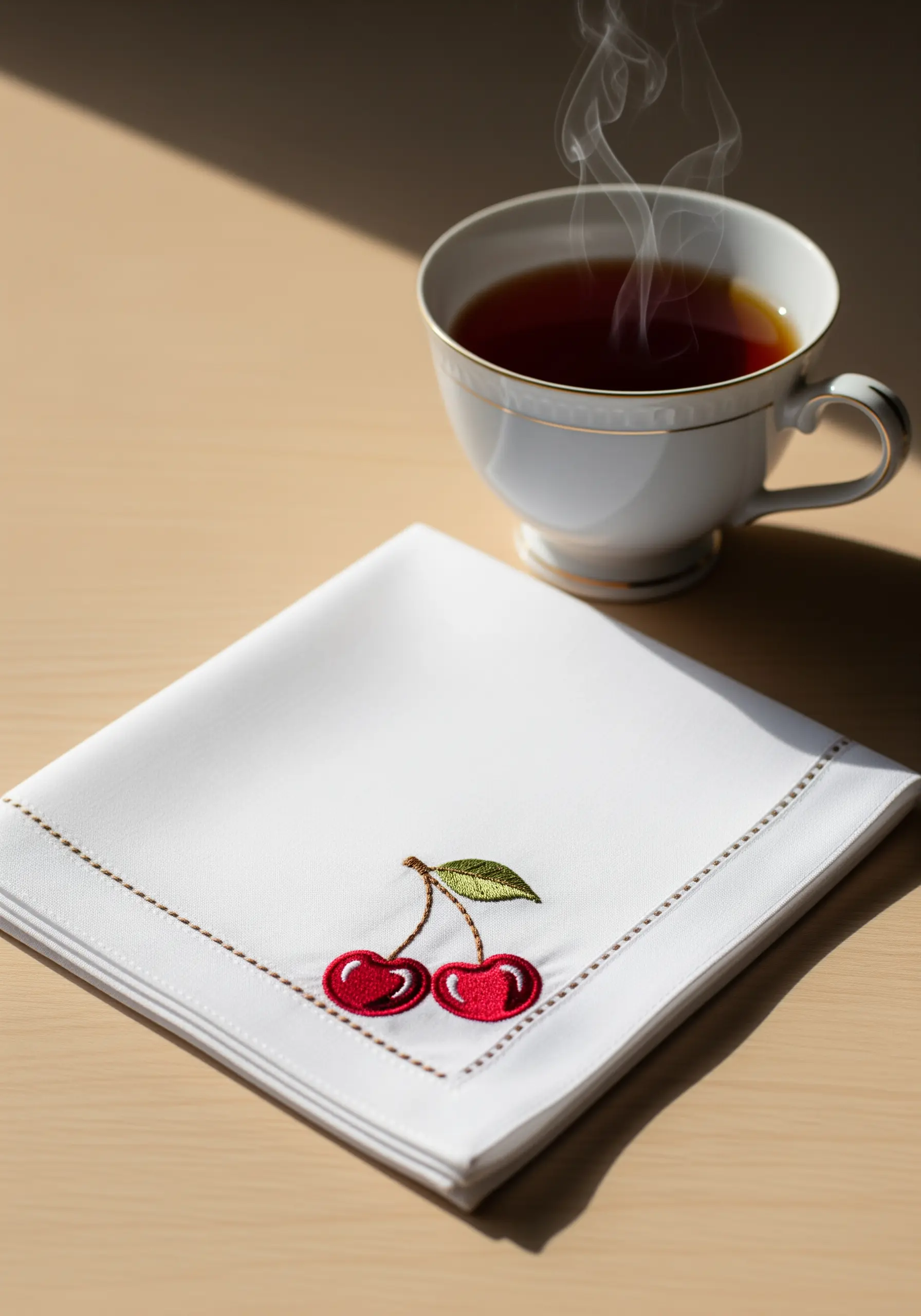 A pair of plump, red embroidered cherries with a green leaf on a white handkerchief.