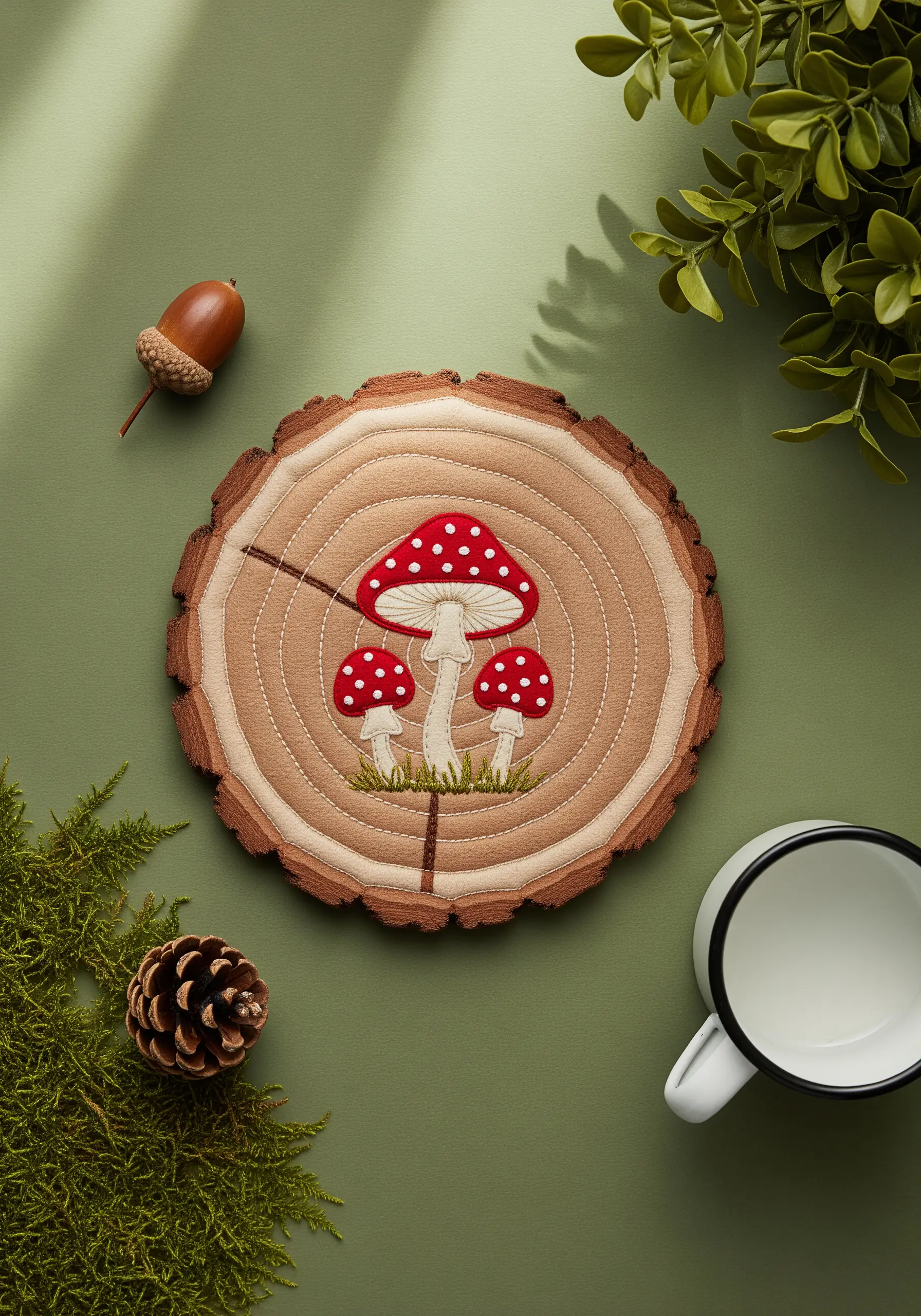 Three red and white embroidered toadstool mushrooms on a wood-grain patterned mug rug.
