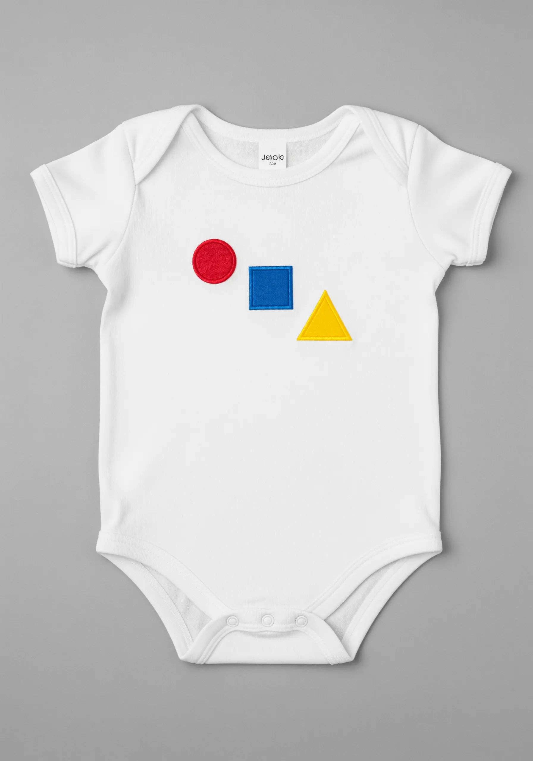 Primary colored geometric shapes embroidered with a raised, padded satin stitch.