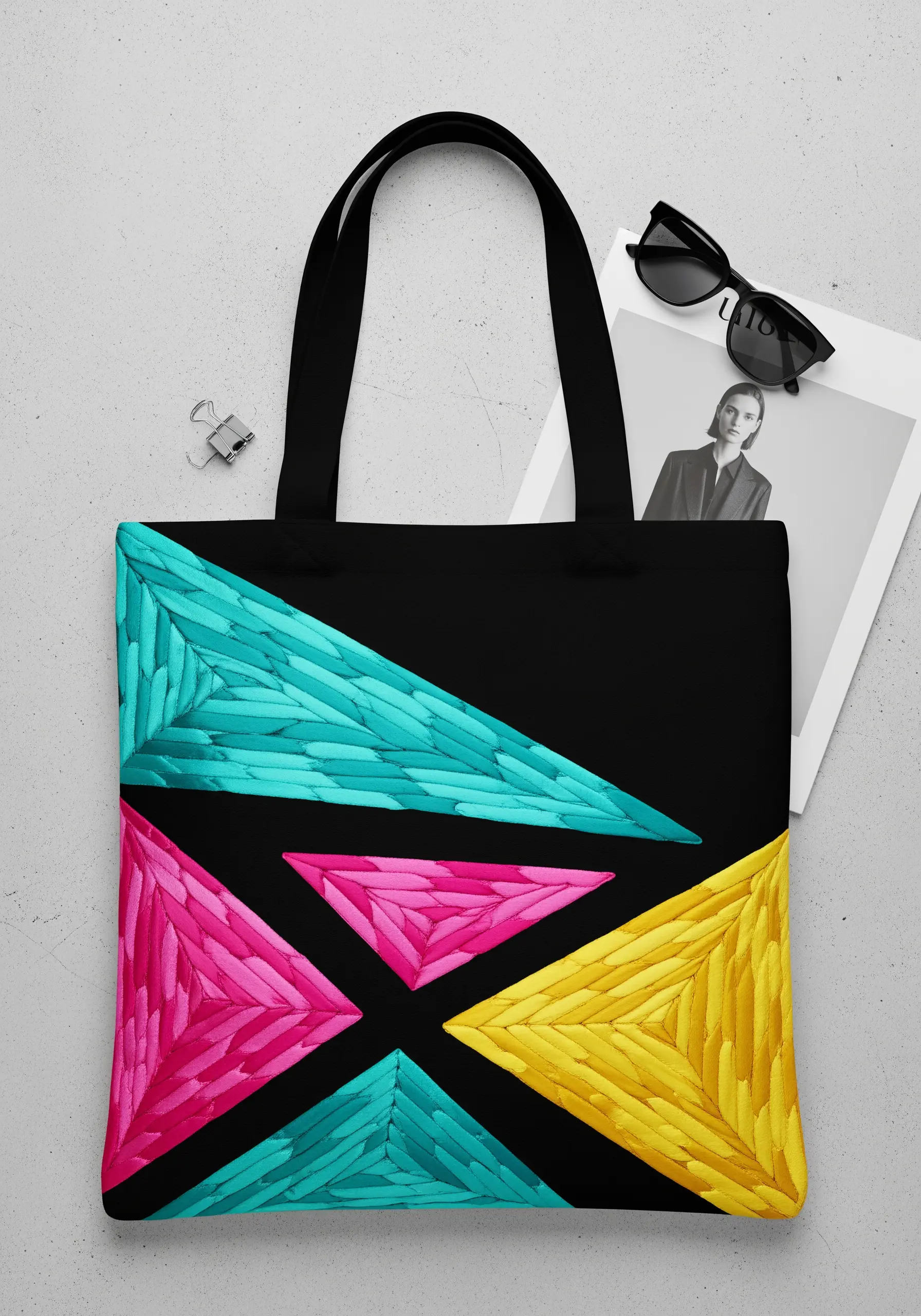 Tote bag with vibrant geometric triangles embroidered in directional satin stitch.