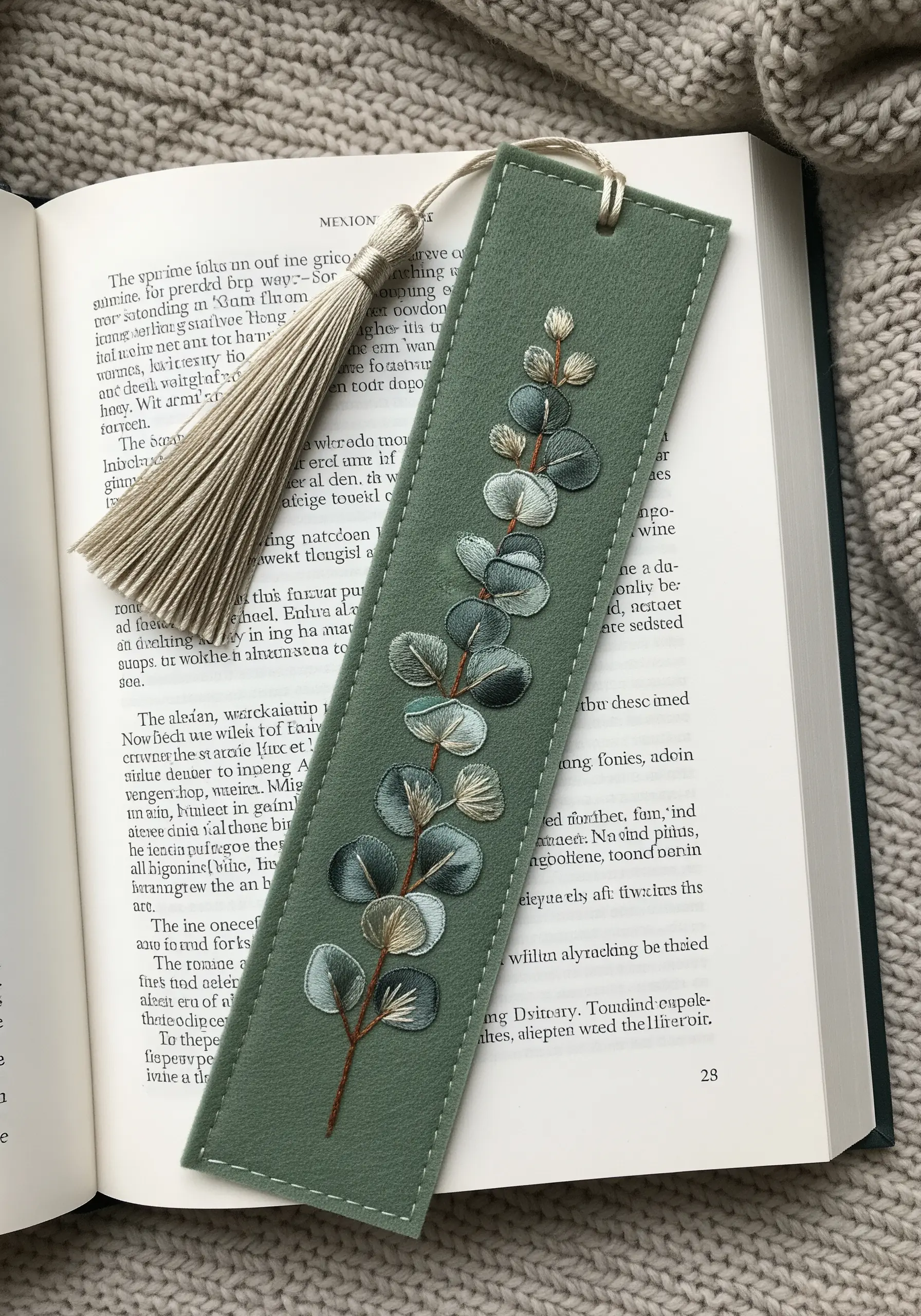 A sage green bookmark with a silk ribbon embroidered eucalyptus branch and a tassel.