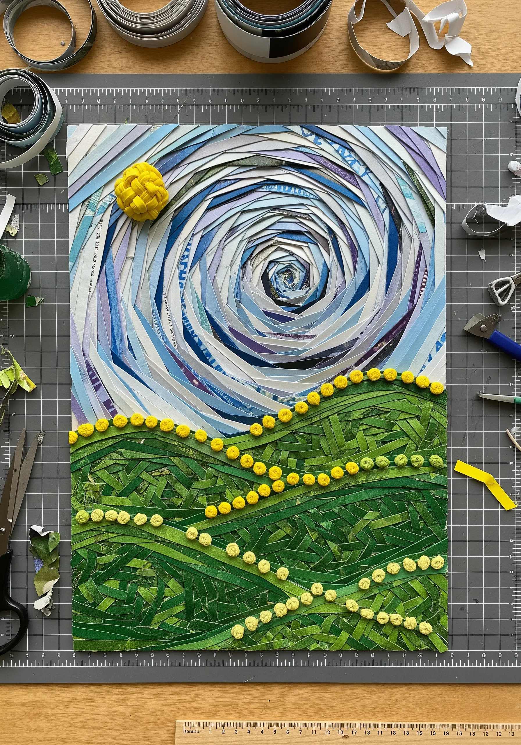 Paper collage landscape with a swirling sky and textured green hills, mimicking embroidery fills.