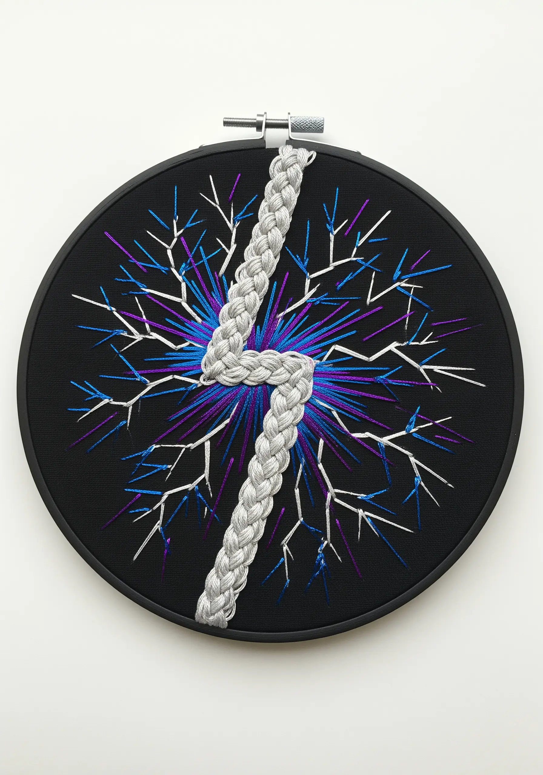 A thick gray braid laid over a starburst of fine blue and purple stitches on black fabric.