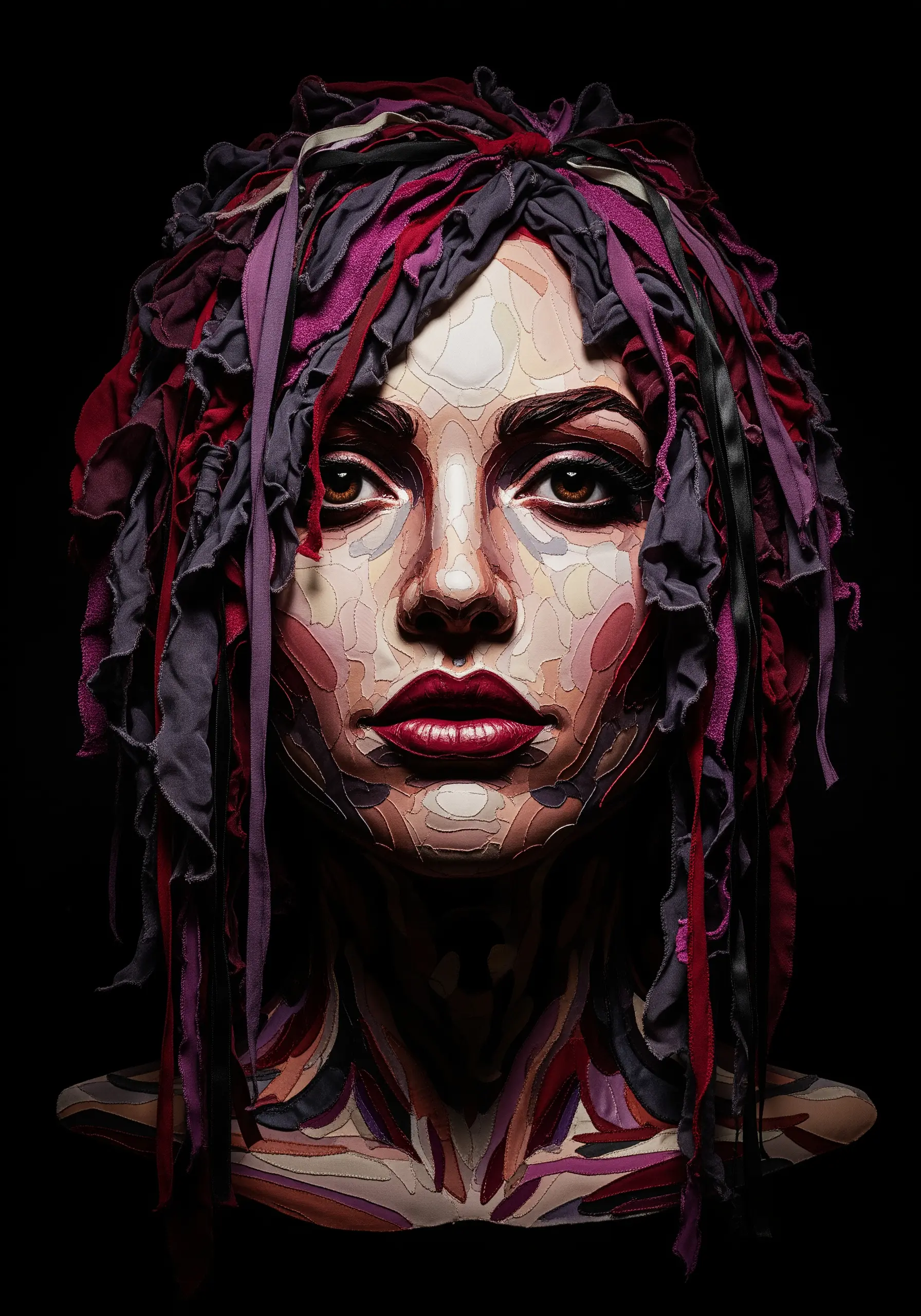 Dramatic portrait against a black background with hair made of frayed red and purple fabric strips.