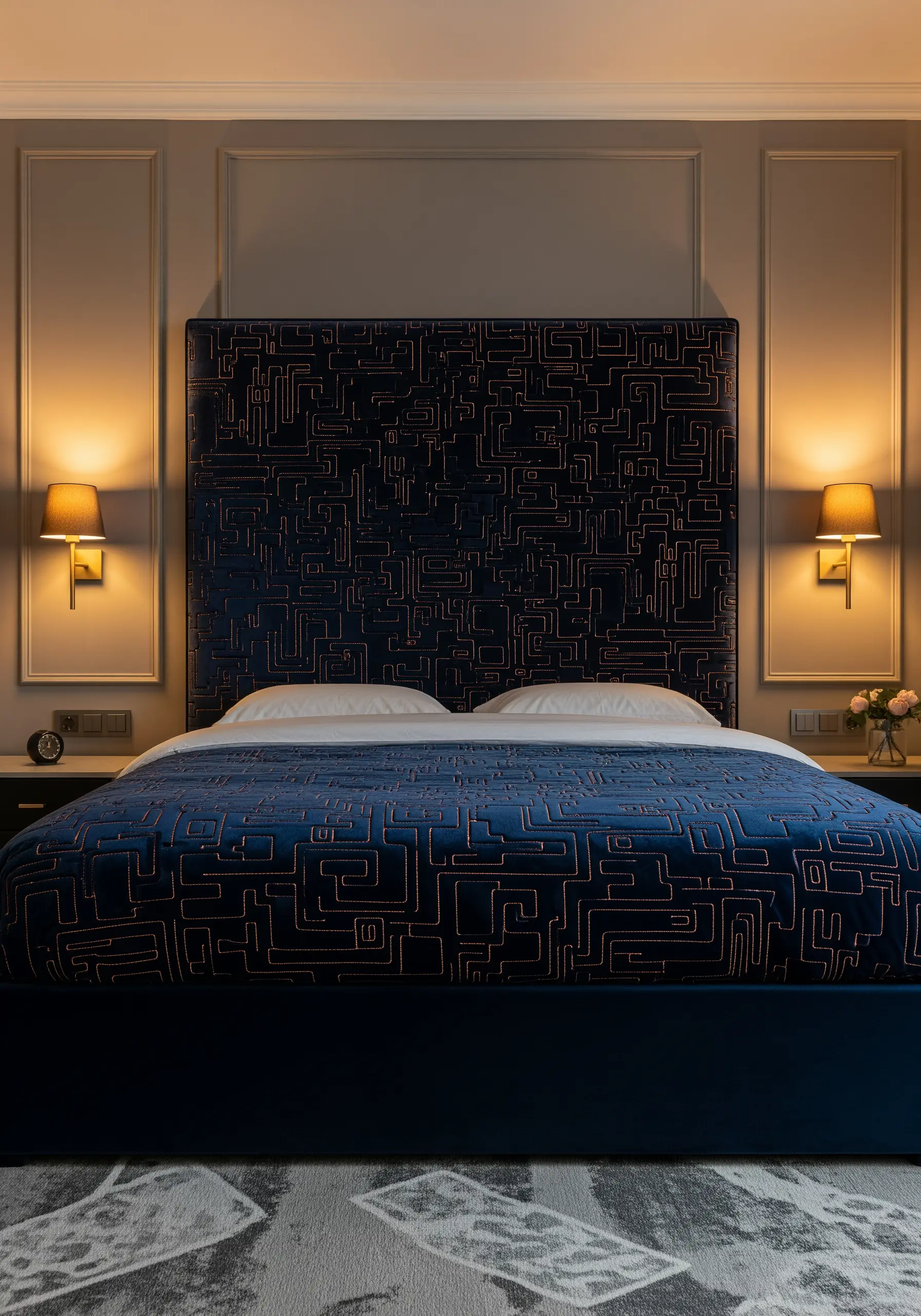 A dark blue velvet headboard with an intricate embroidered copper-colored maze pattern.