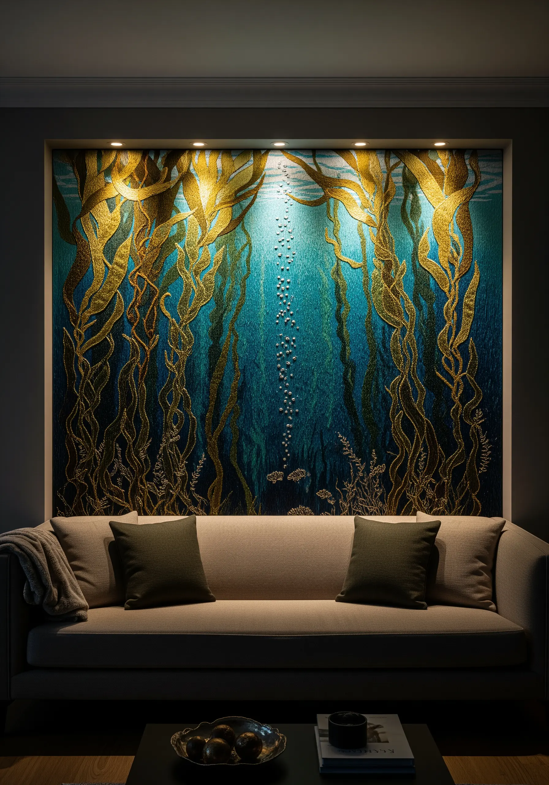 A large, dramatic embroidery of a golden kelp forest, illuminated by spotlights from above.