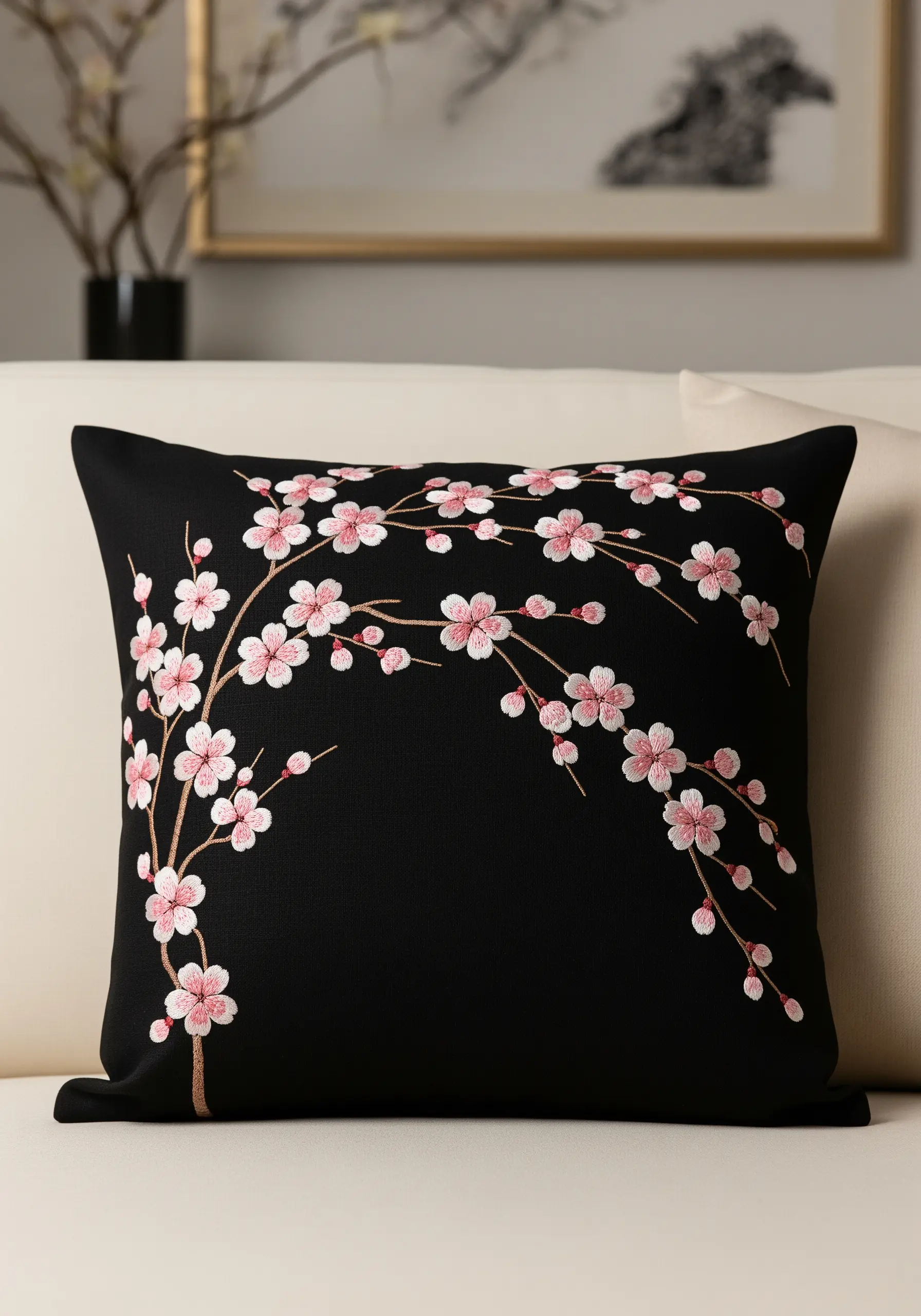 Delicate pink cherry blossoms embroidered on a stark black pillow create a dramatic effect.