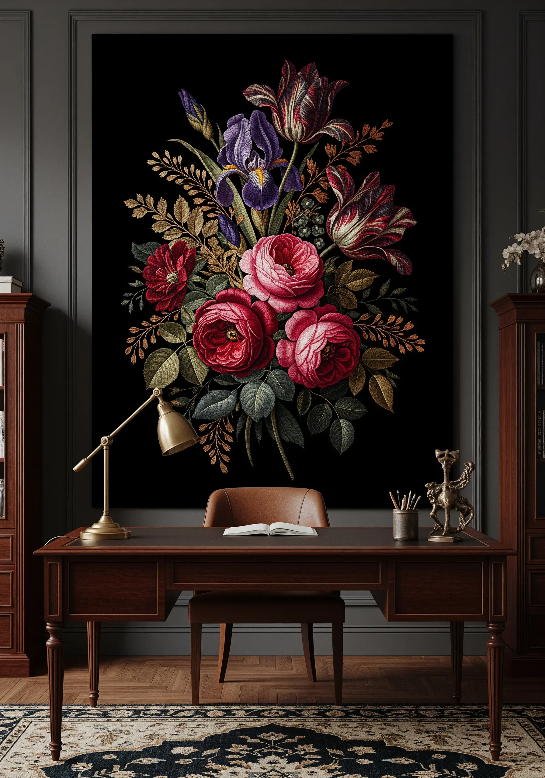 A large, dark, moody embroidered floral still life in a traditional study.