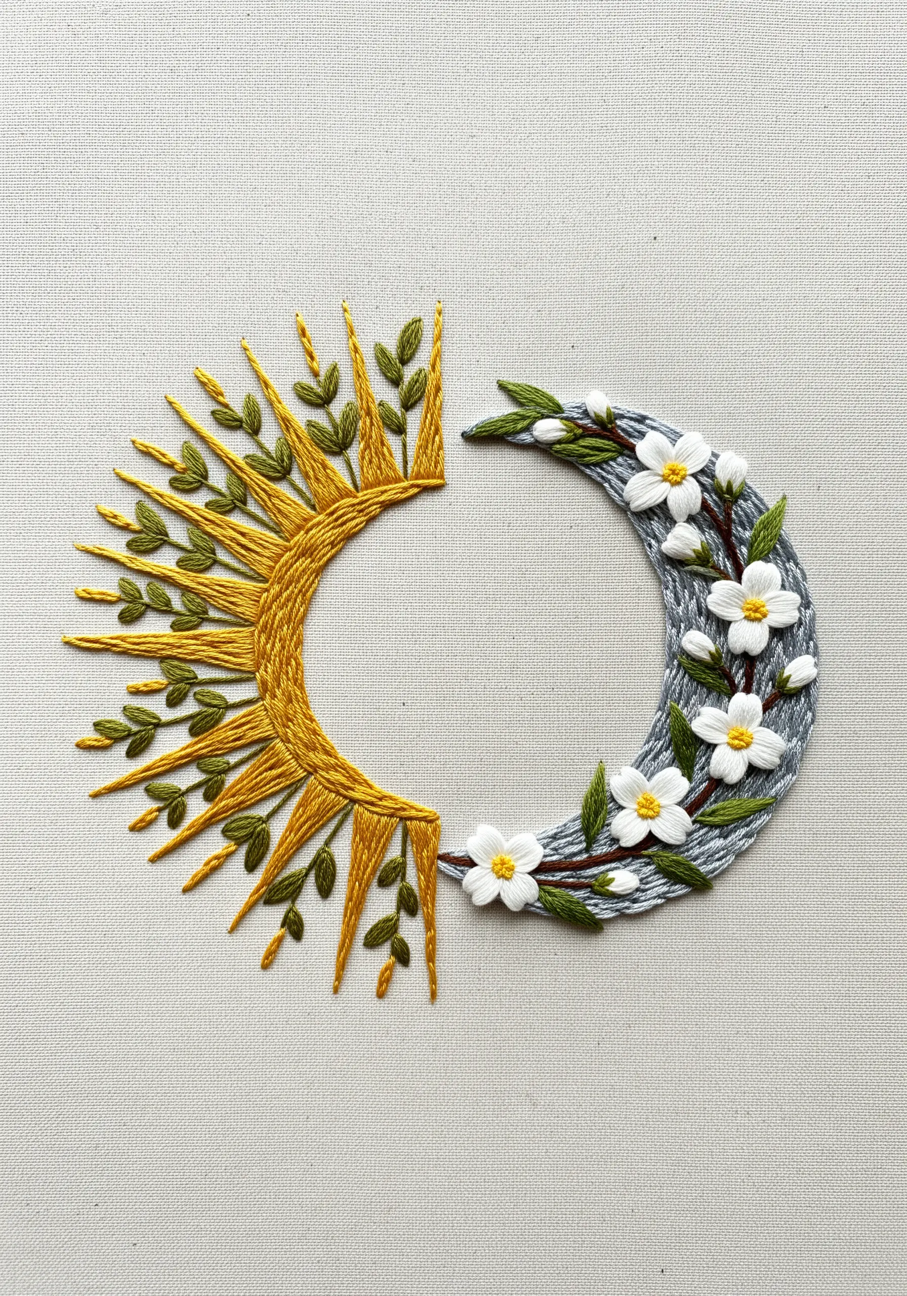 A split design of an embroidered sun with gold rays and a textured moon with white flowers.