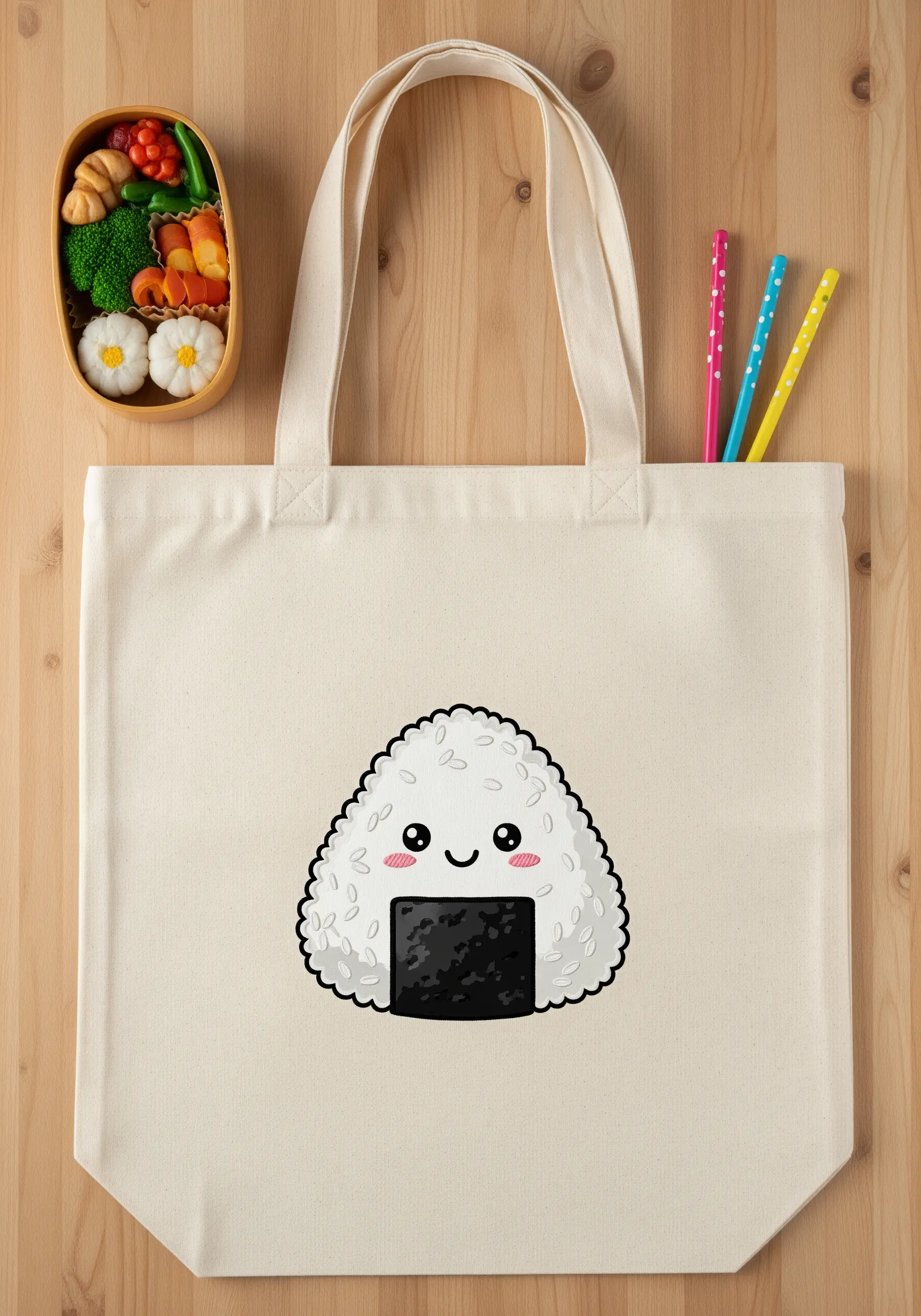 A kawaii onigiri embroidered with textured seed stitches for the rice.