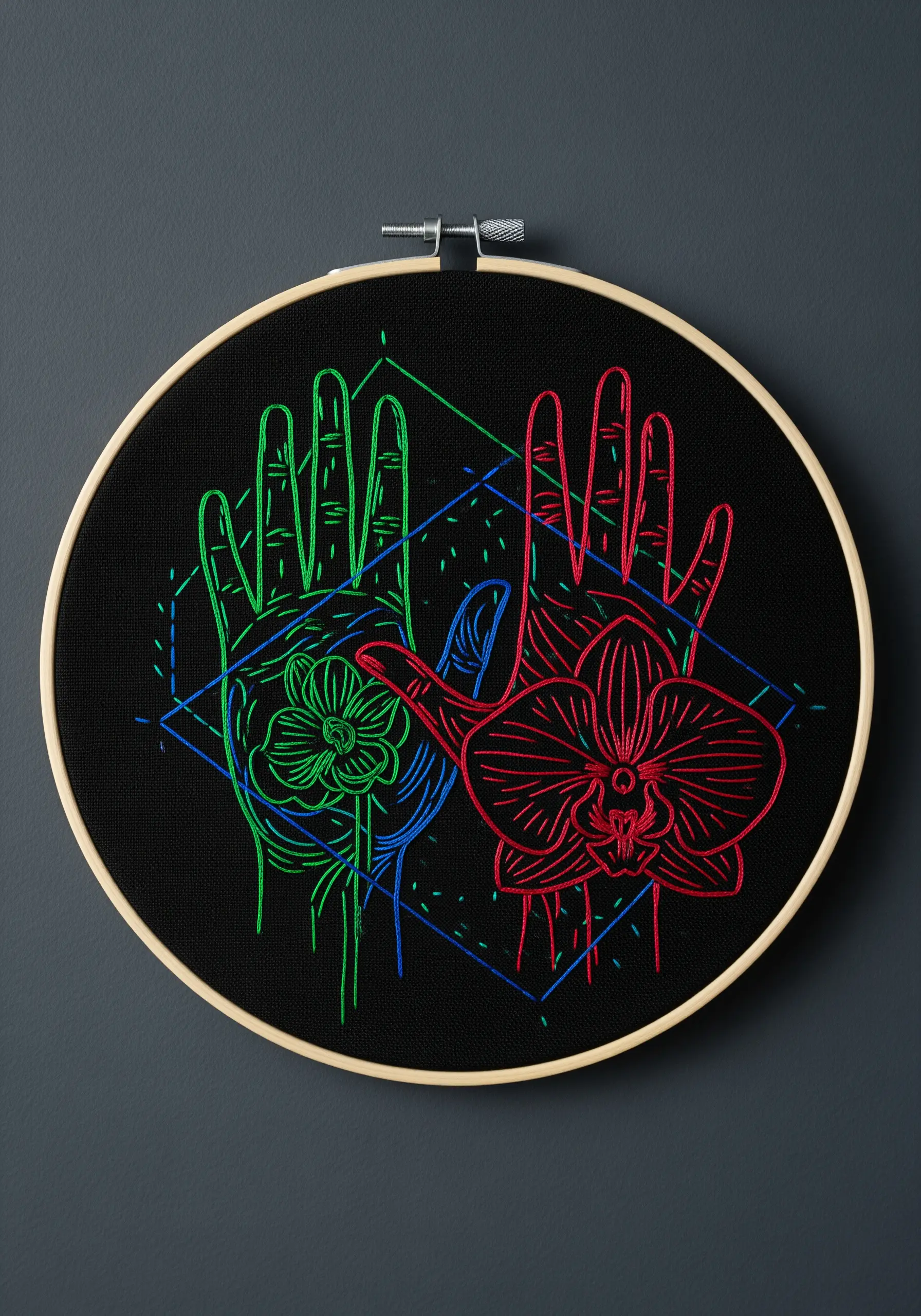 Neon green, red, and blue line art of hands, orchids, and geometry on black fabric.