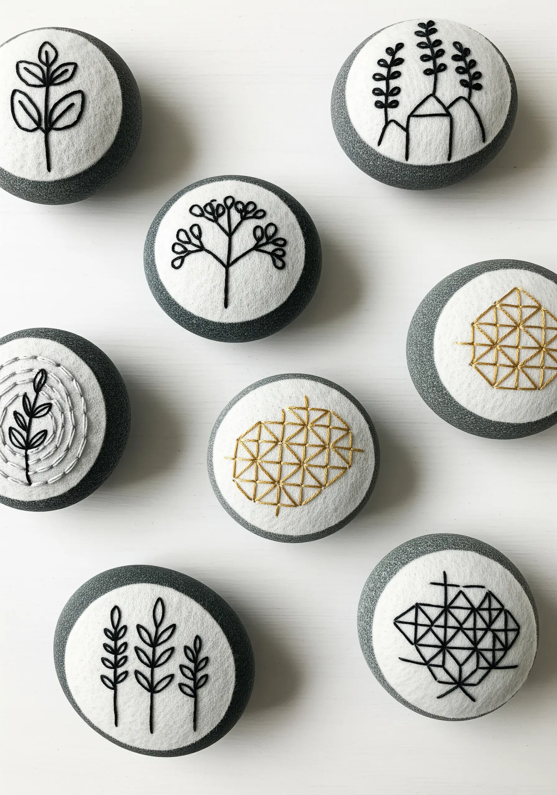 Small, felt-covered stones featuring minimalist botanical and geometric embroidery designs.