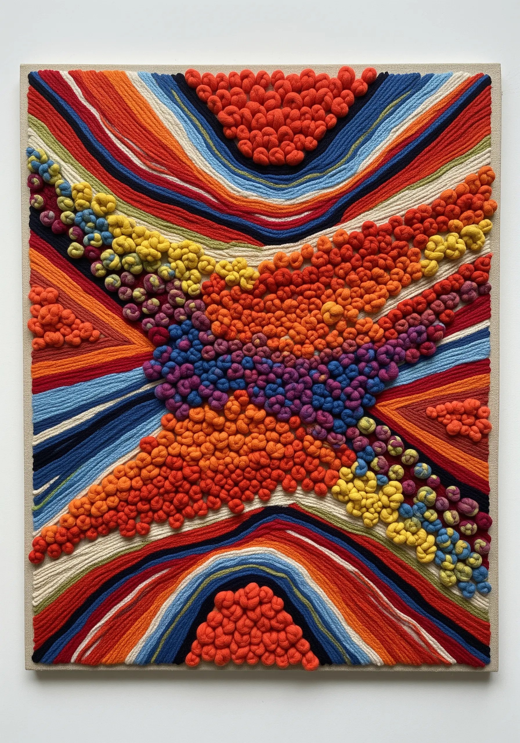 A colorful, abstract fiber art piece covered in dense clusters of textured yarn knots.
