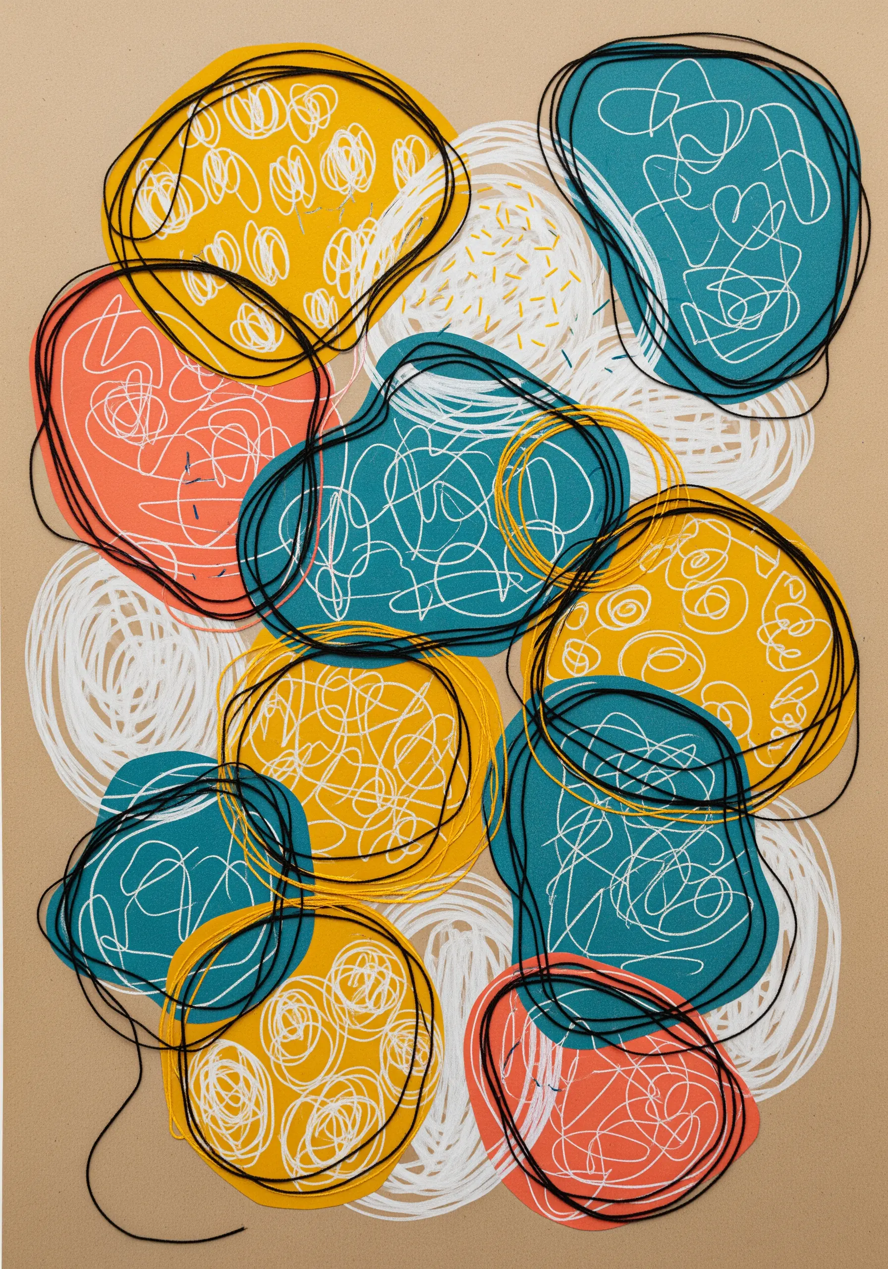 Abstract paper shapes overlaid with chaotic, free-motion scribble stitching in white and black.