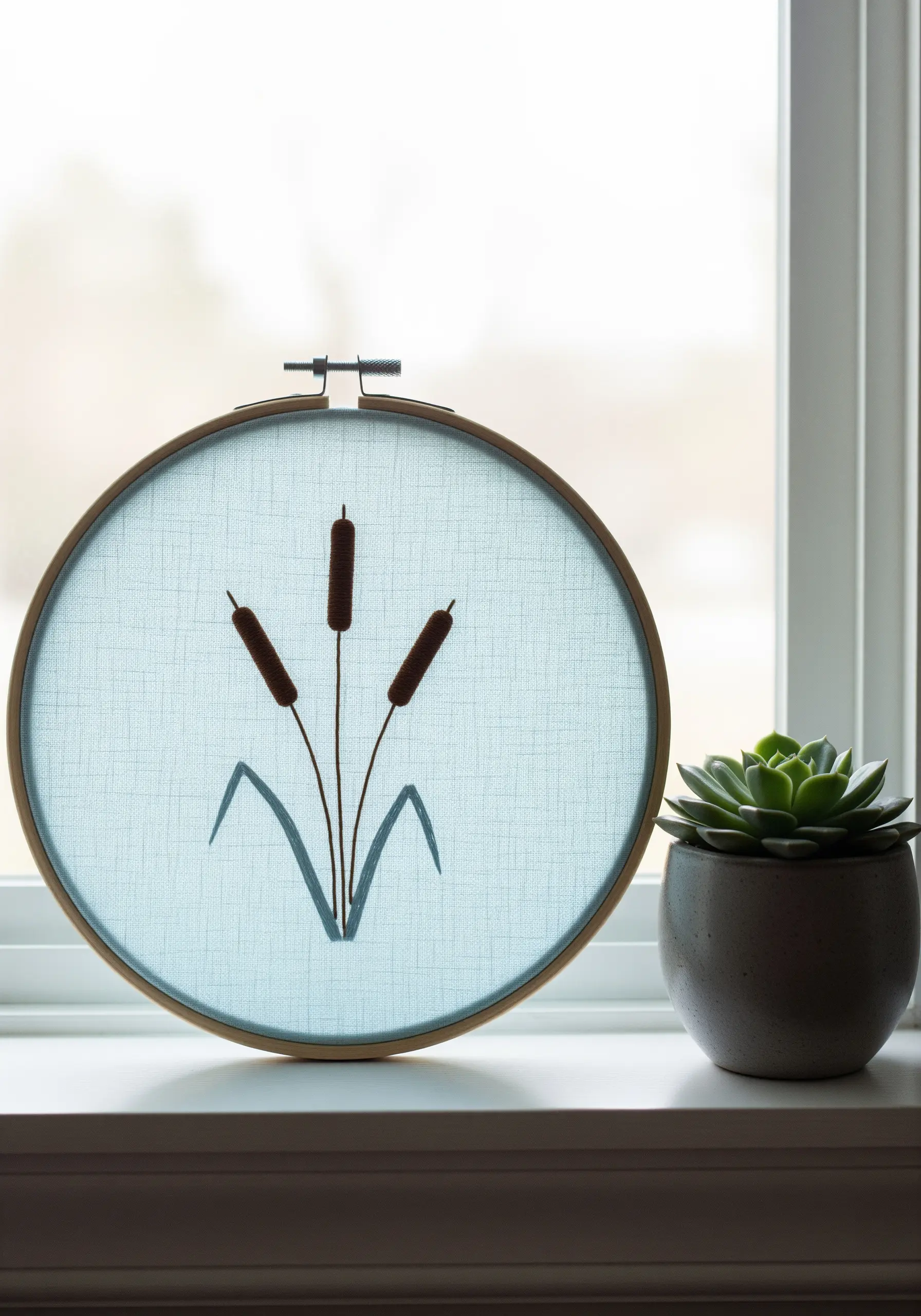 Cattail plants embroidered on sheer blue fabric, creating a transparent, airy effect.