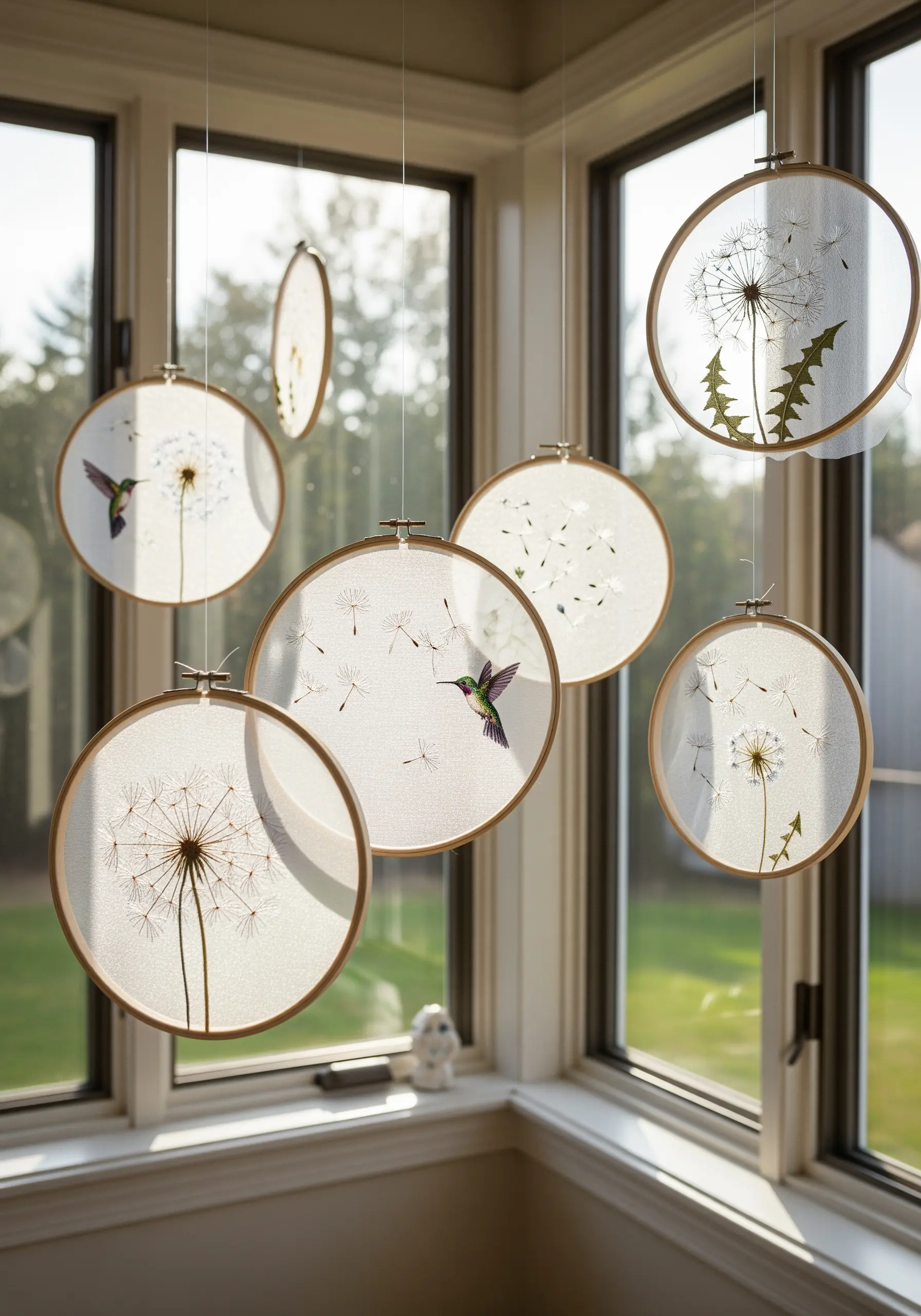 Embroidered dandelions and hummingbirds on sheer fabric hanging in a bay window.