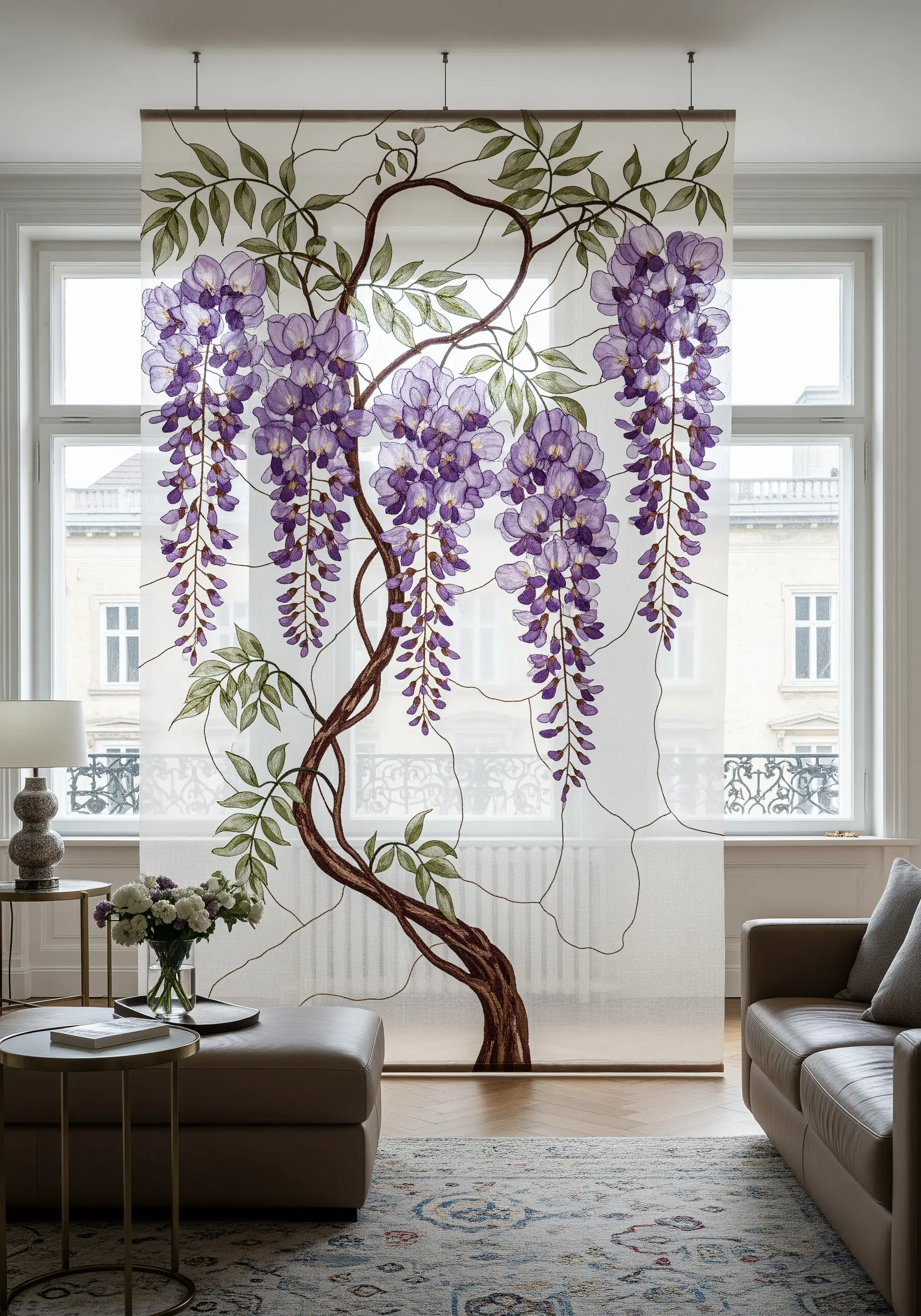 A sheer fabric panel embroidered with cascading purple wisteria, acting as a room divider.