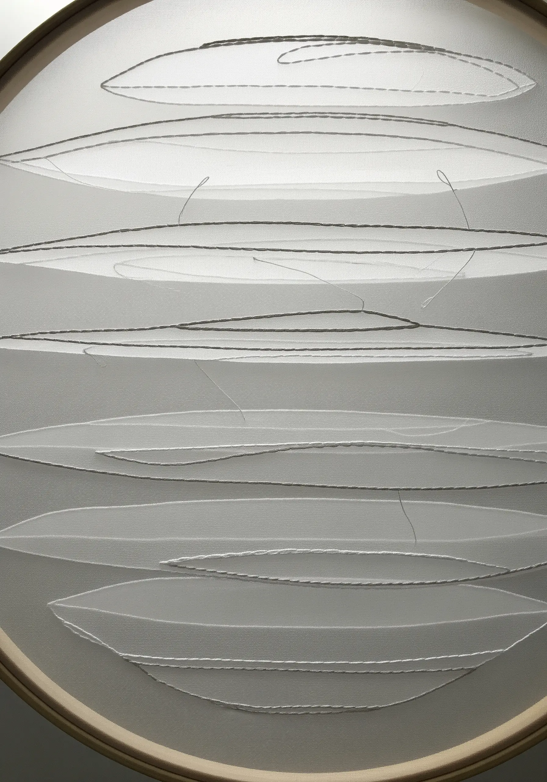 Delicate line drawings of abstract leaf shapes stitched on layered sheer fabric in a hoop.