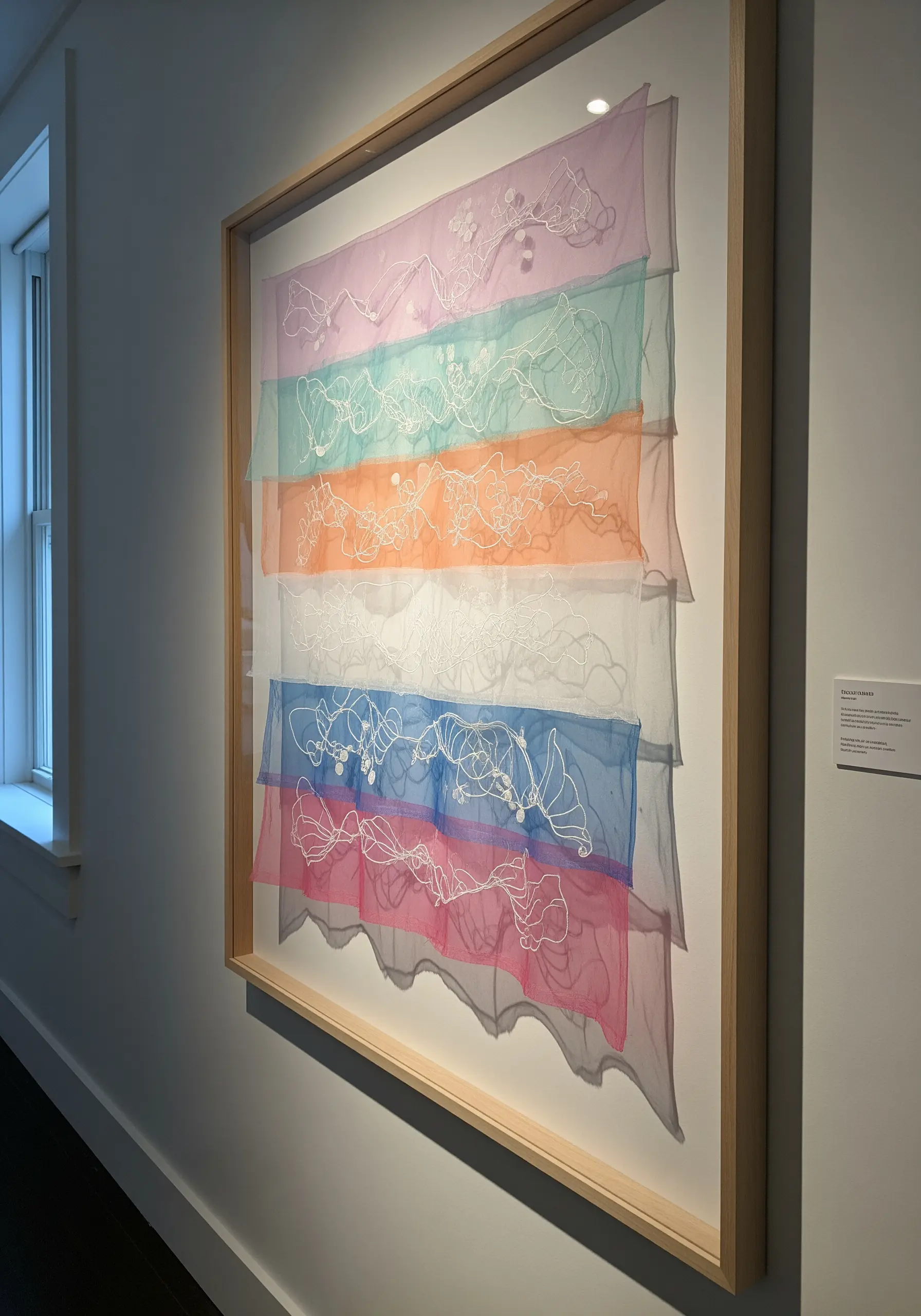 Abstract white embroidery on multiple layers of colored, sheer fabric in a shadow box.