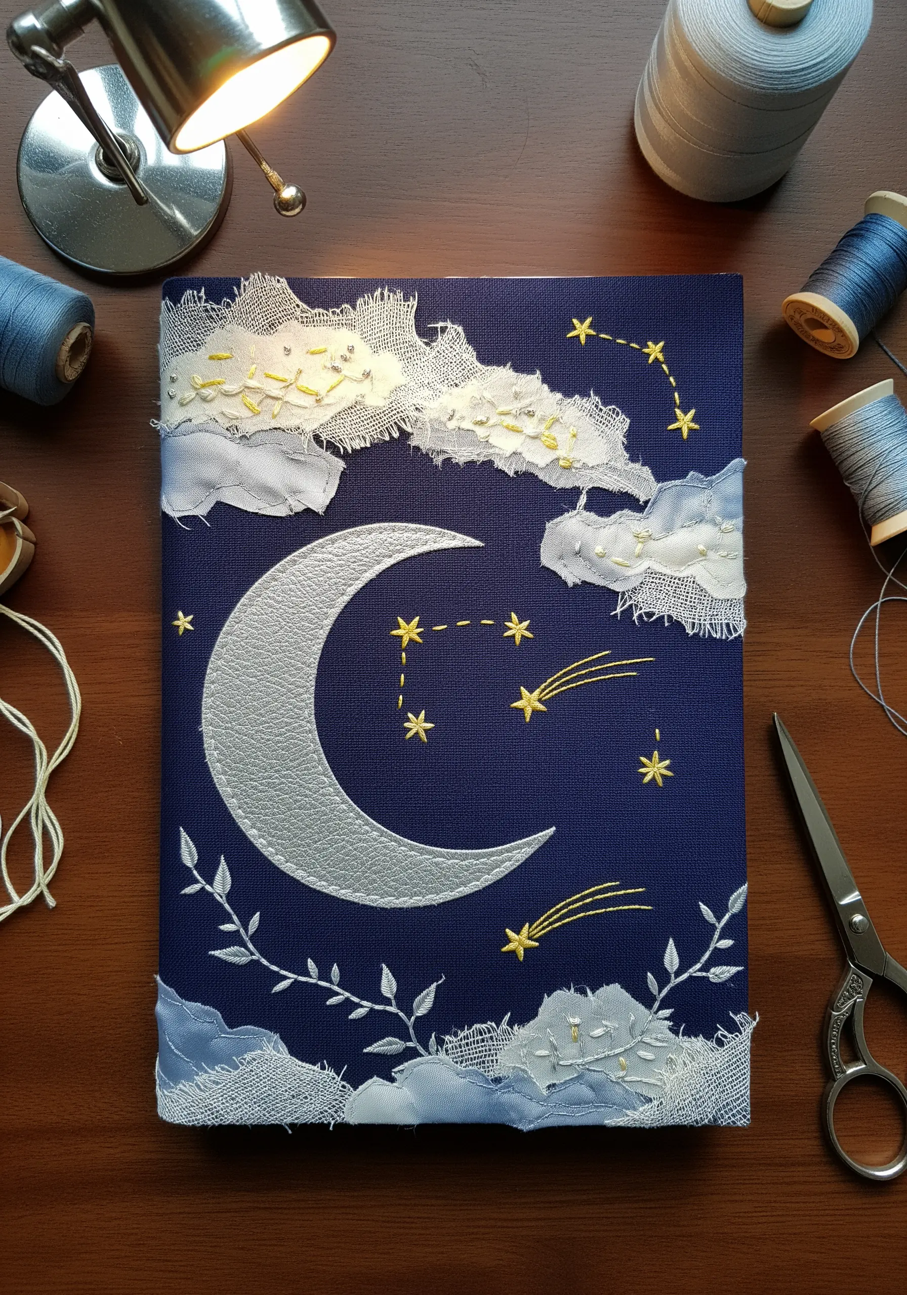 Embroidered book cover with a leatherette moon and frayed gauze clouds.
