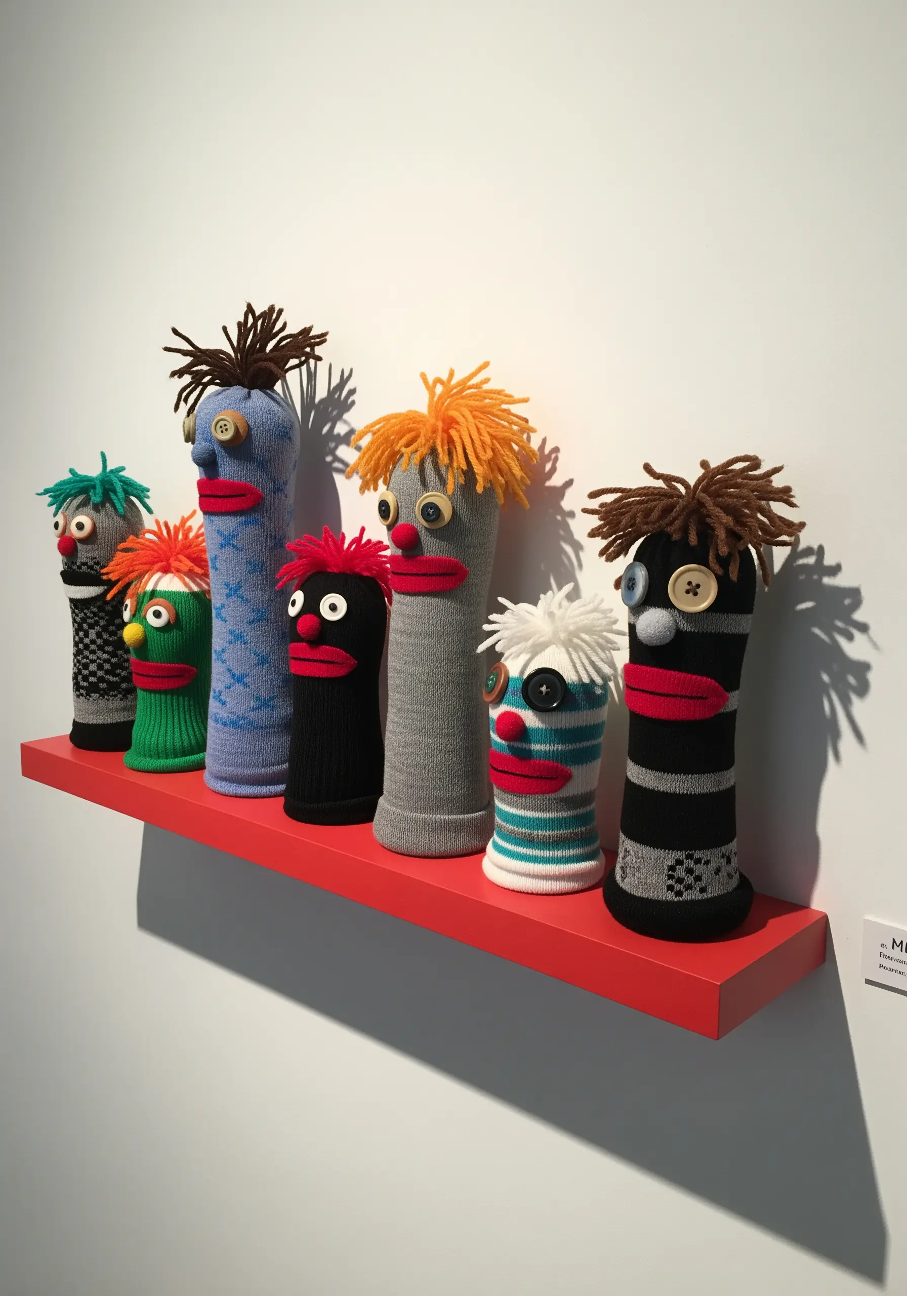 A group of seven whimsical and colorful sock puppets with yarn hair and button eyes.