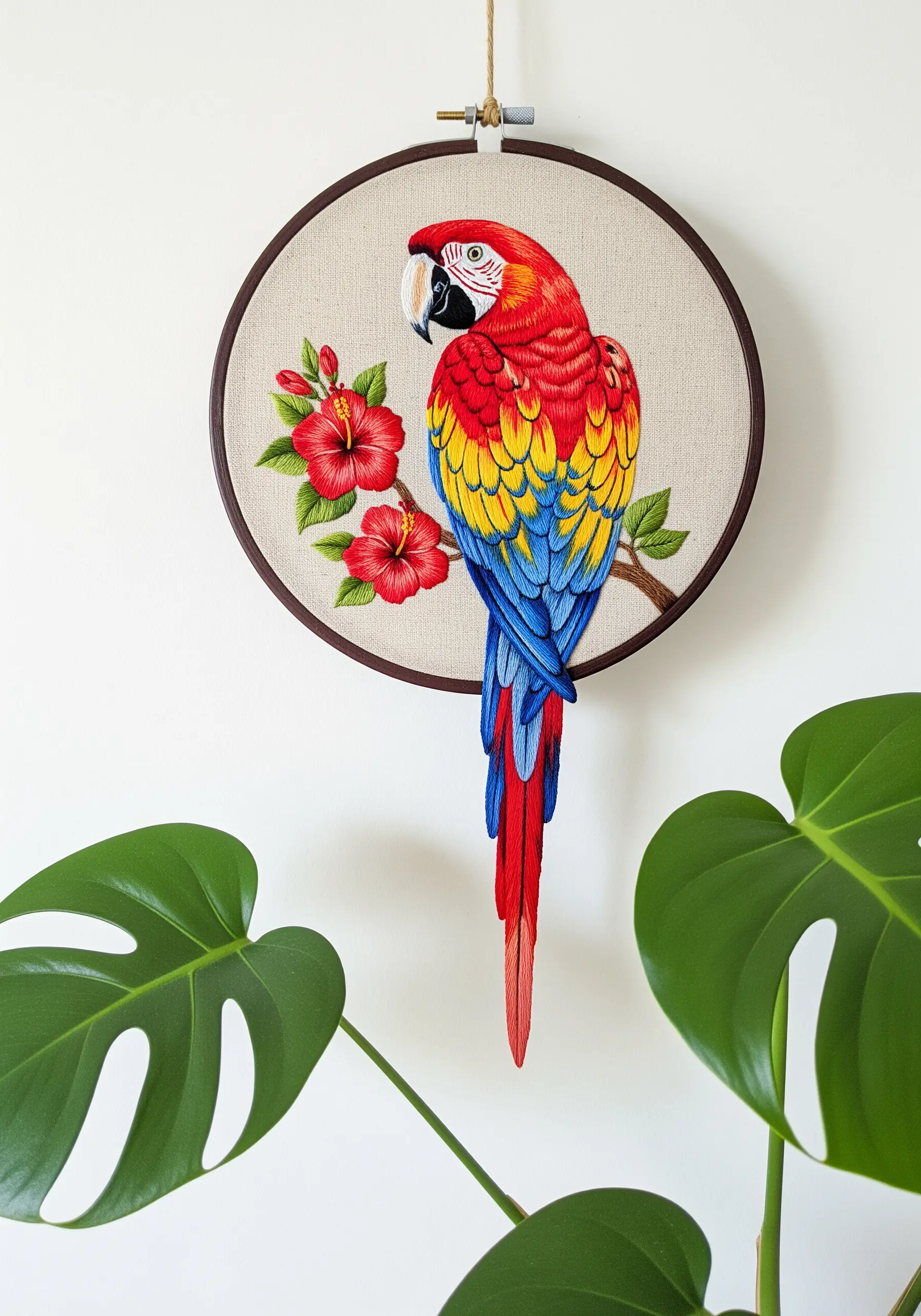A detailed thread-painted scarlet macaw with its tail hanging below the embroidery hoop.