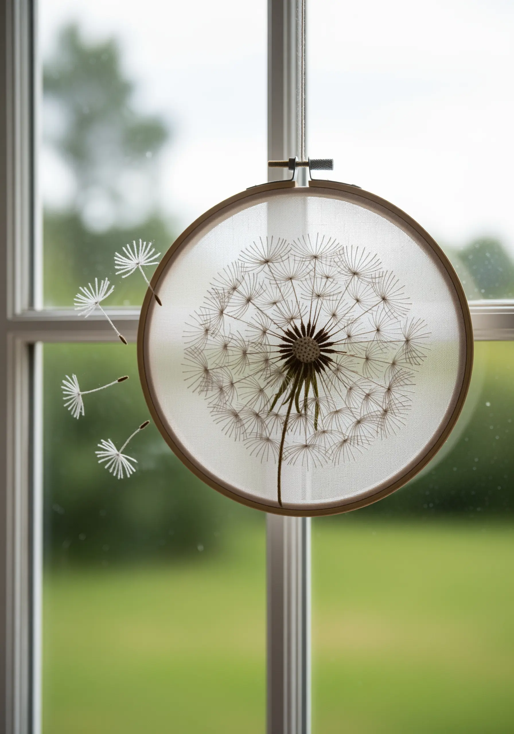 Embroidery hoop on a window with a dandelion; some seeds are stitched to appear floating away