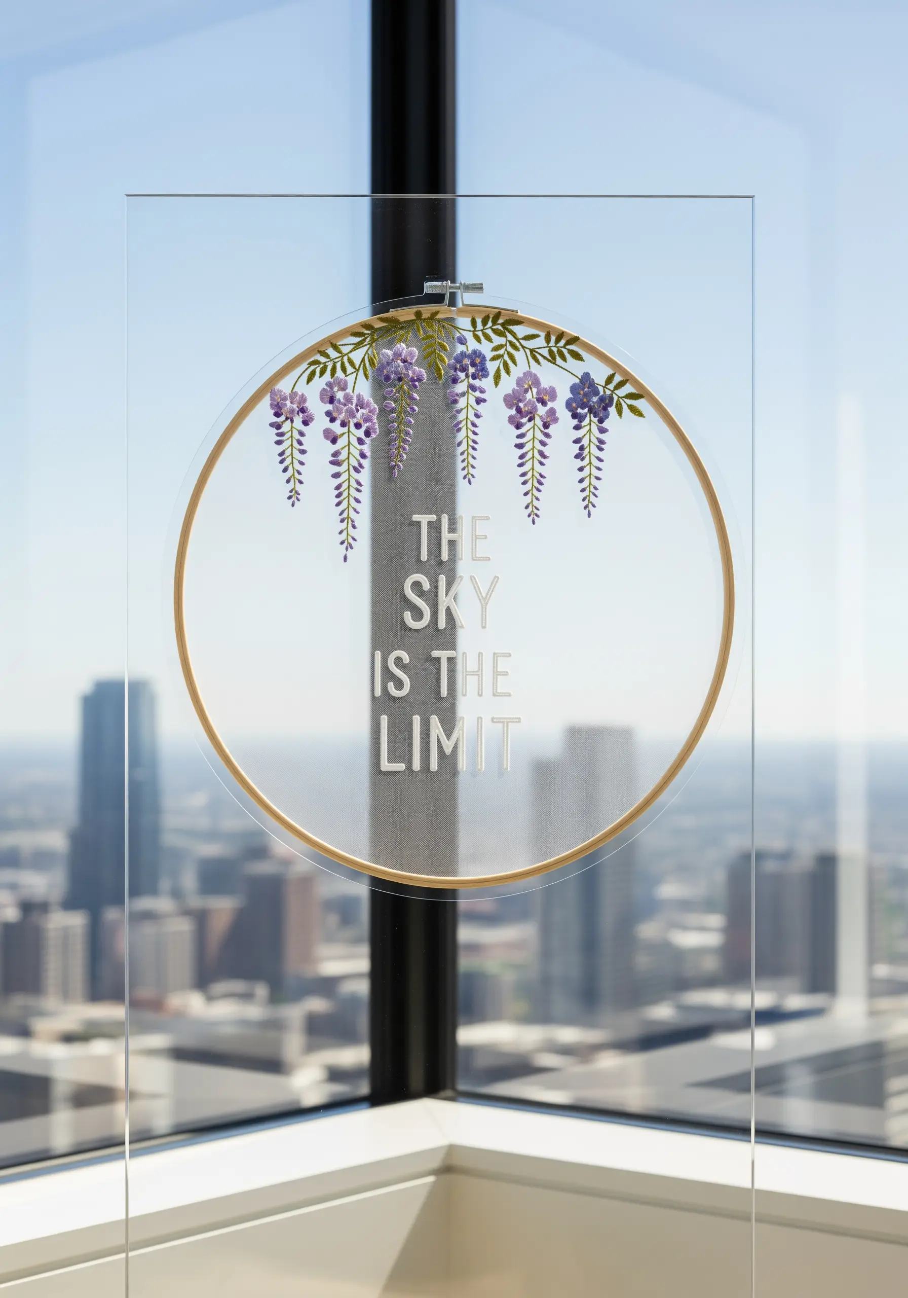 Embroidery of wisteria flowers on transparent tulle, creating a floating effect.