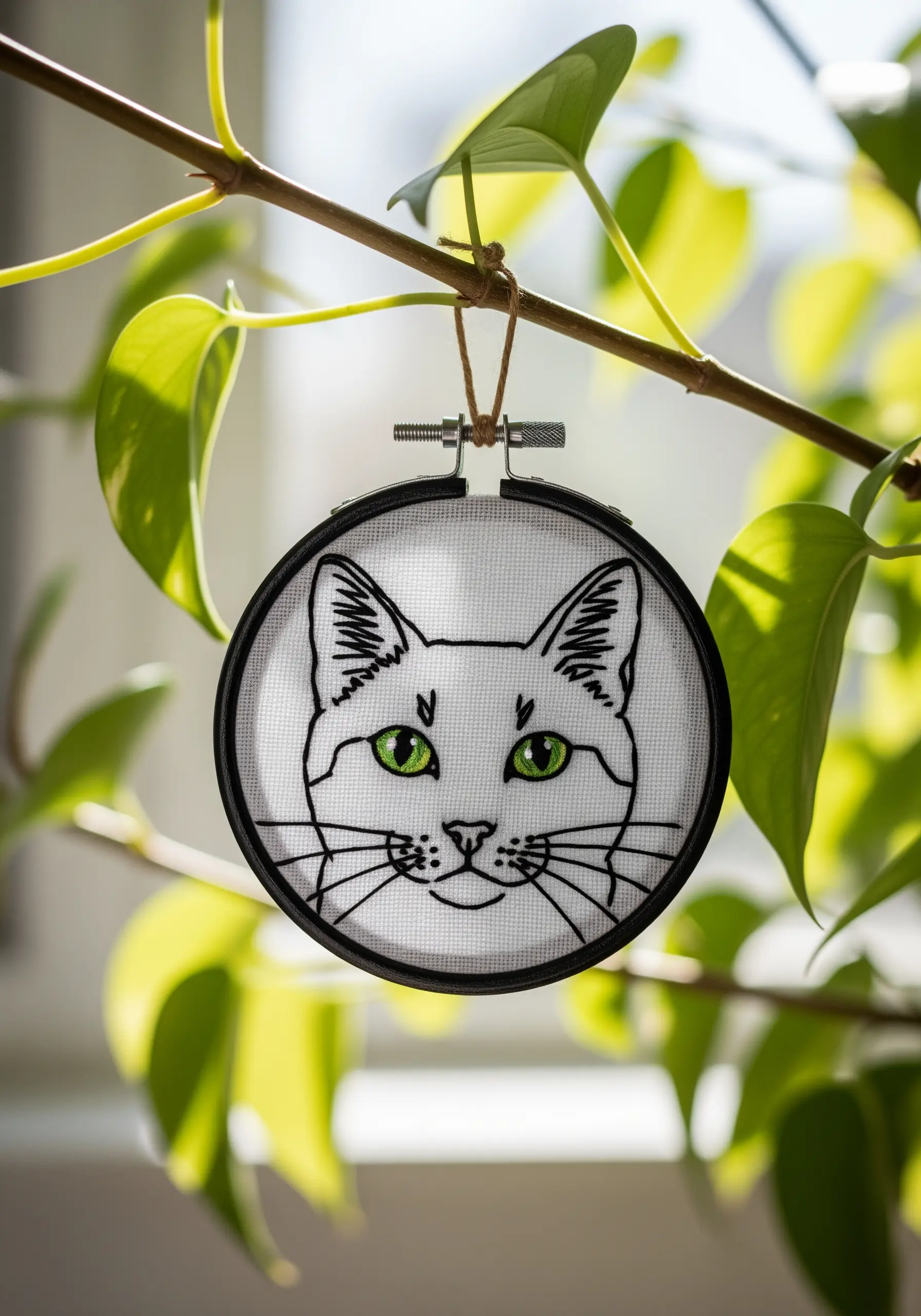 A minimalist line art cat portrait with green eyes stitched on sheer white fabric in a black hoop.