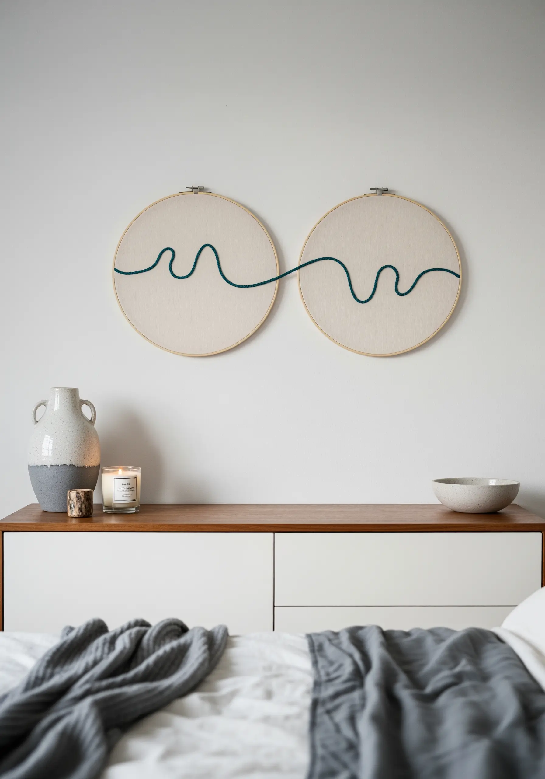 Two embroidery hoops with a single, continuous wavy line flowing between them.