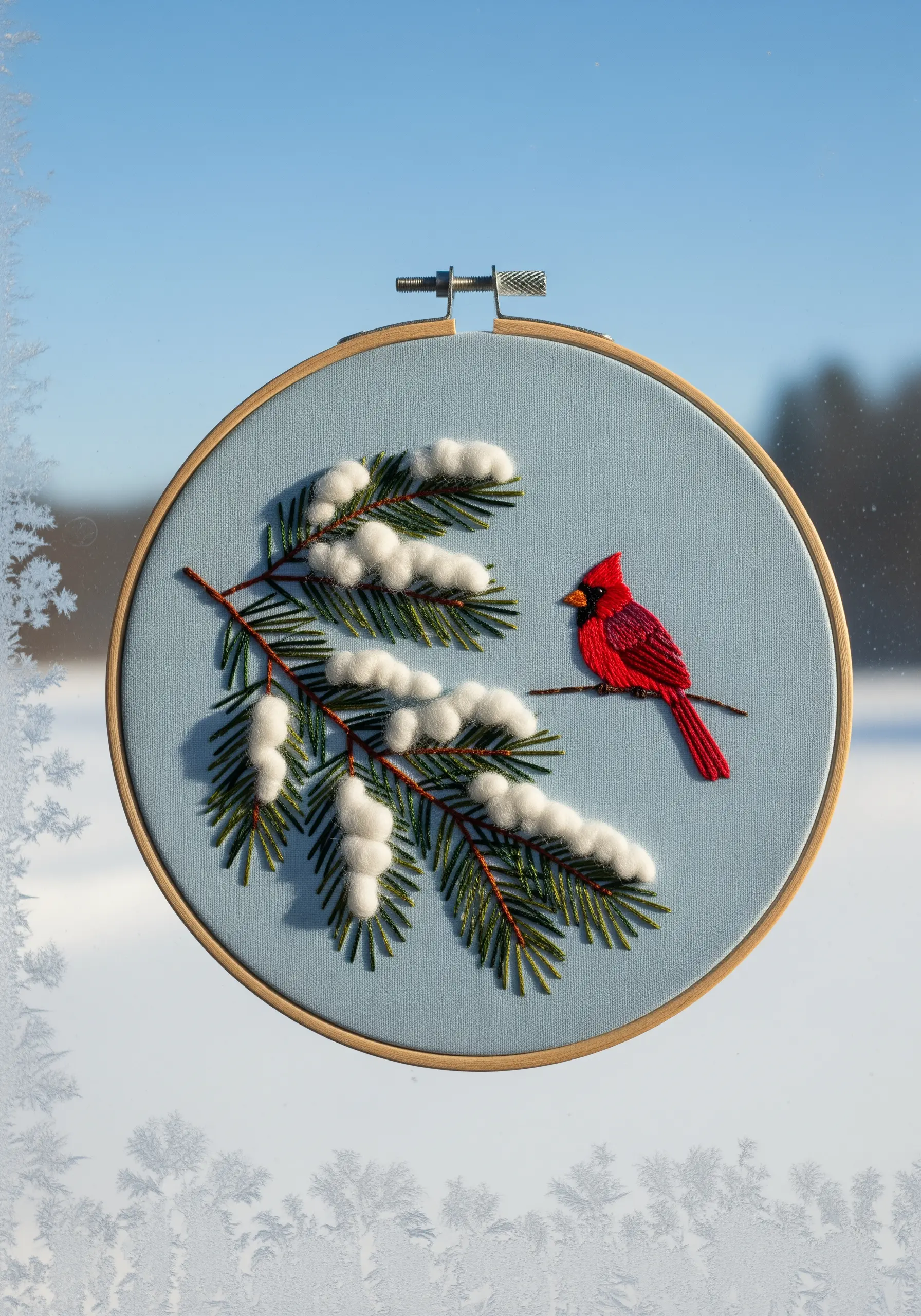 An embroidered cardinal on a pine branch with fluffy, 3D needle-felted snow.