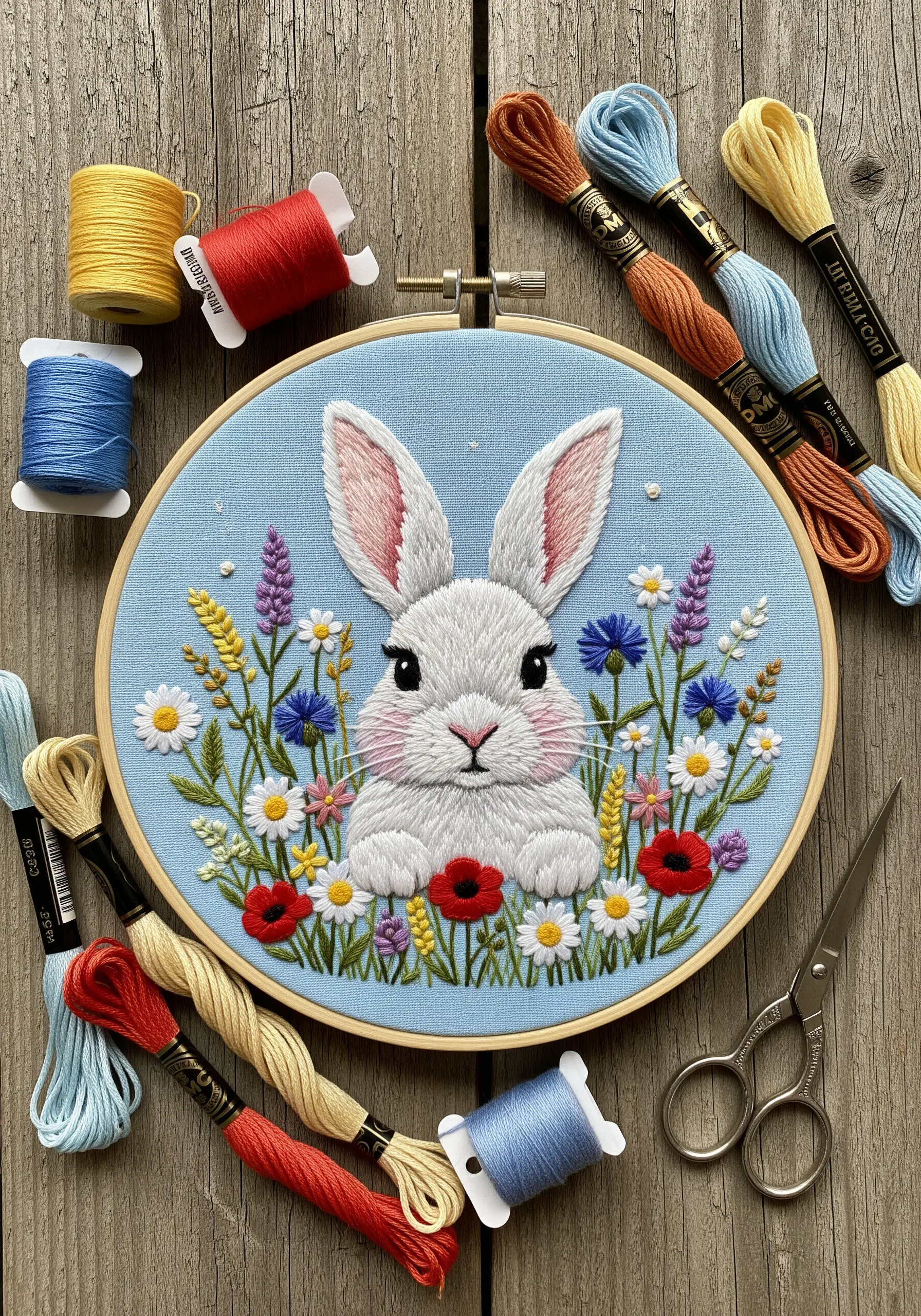 Embroidered white rabbit with pink ears sitting in a field of colorful wildflower stitches.