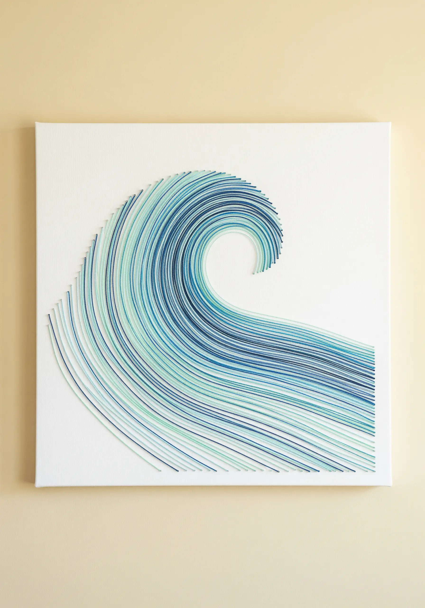 A minimalist wave made of hundreds of parallel straight stitches in shades of blue and teal.