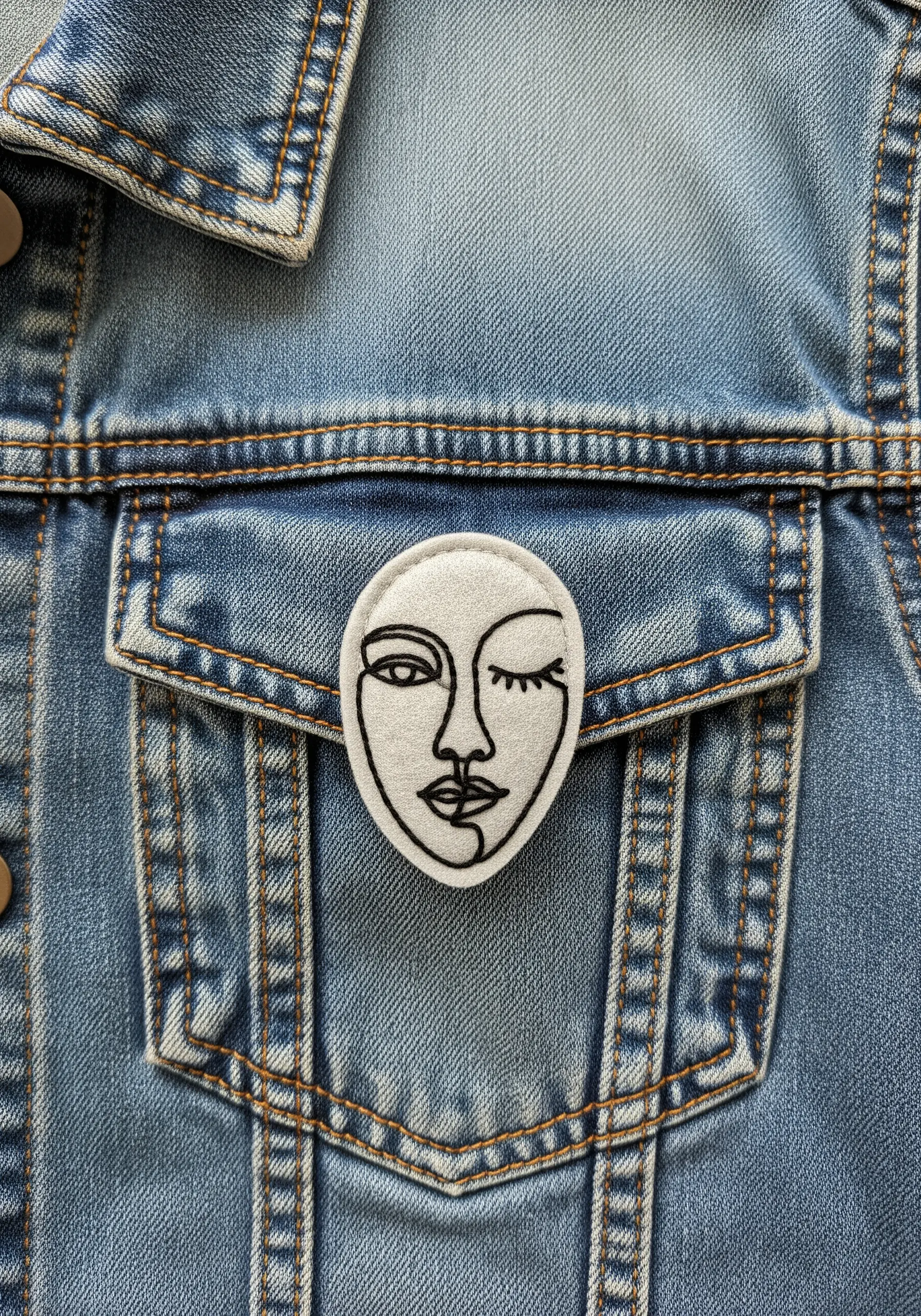 A continuous line art face embroidered in black thread on a white felt patch on a denim jacket.