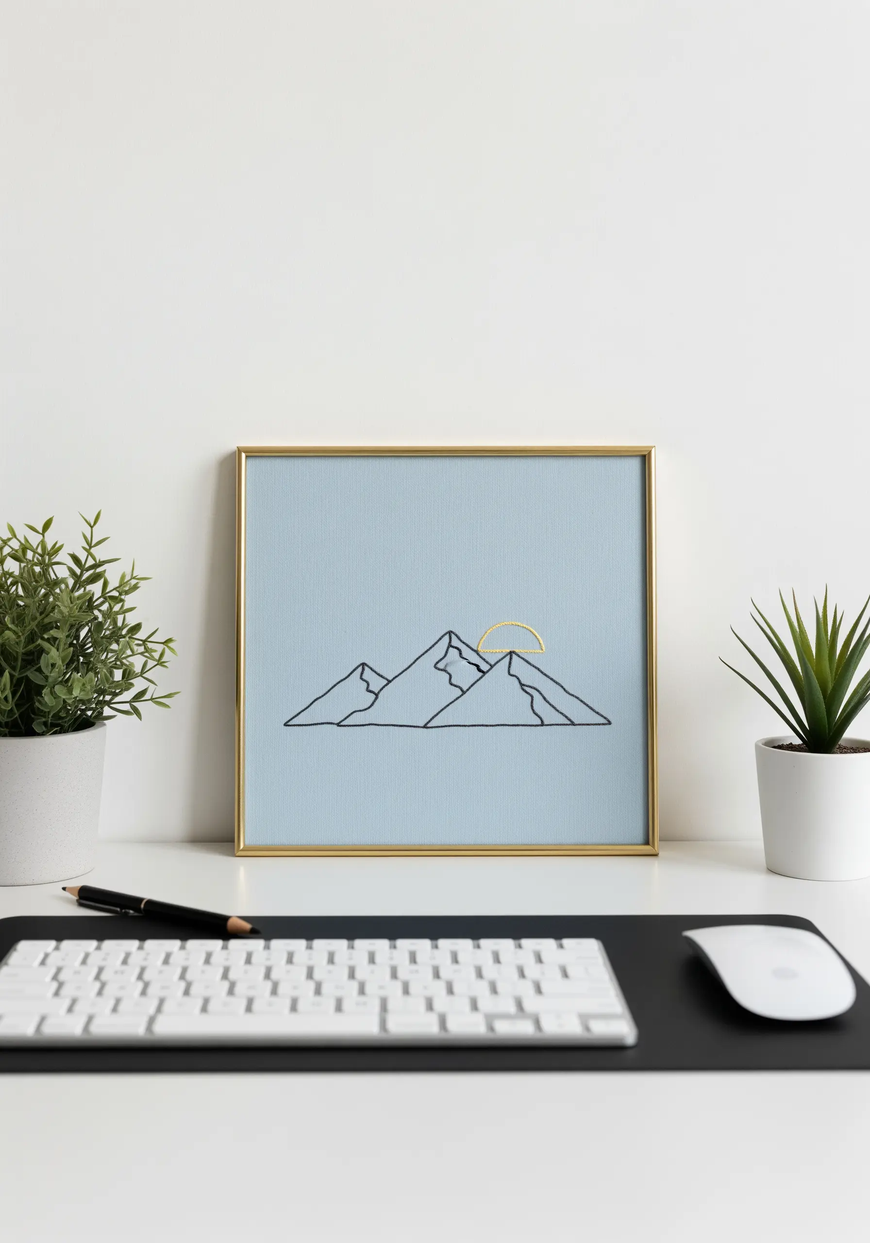 Minimalist line art of mountains with a small, golden embroidered sun.