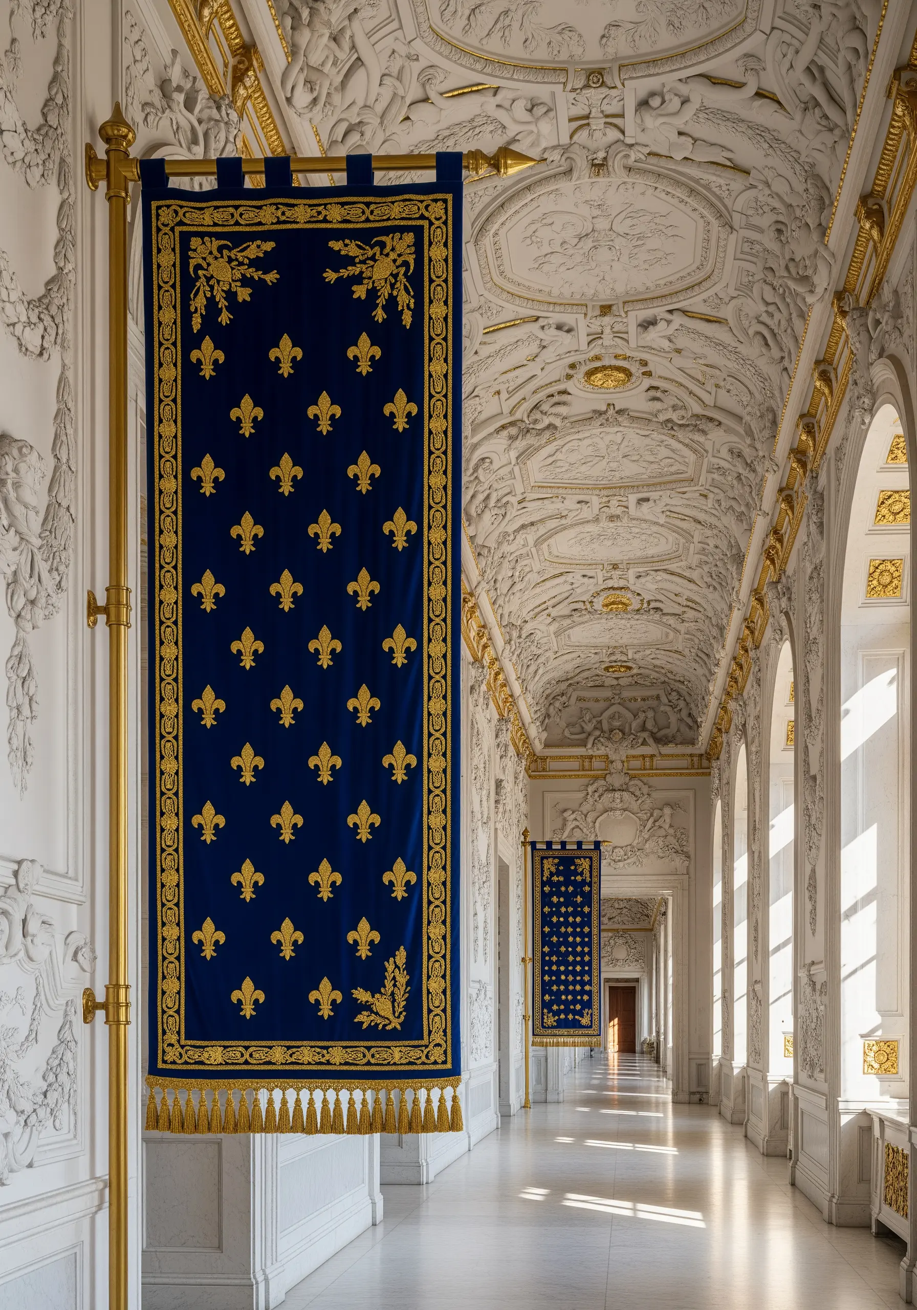 A royal blue velvet banner with a repeating pattern of gold fleur-de-lis embroidery.
