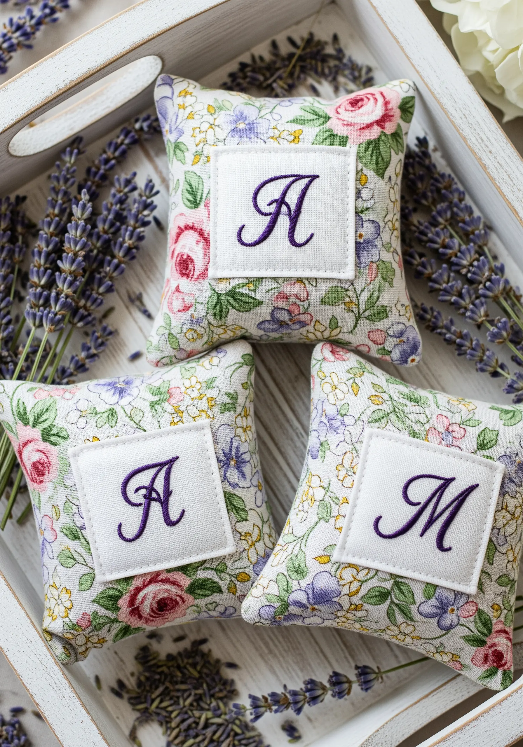 Three small floral-print sachets, each with a white patch embroidered with a purple monogram.